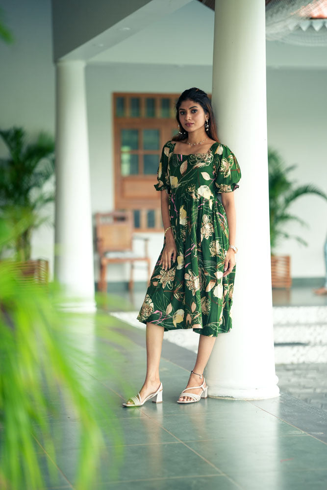 Forest Green Floral Midi Dress