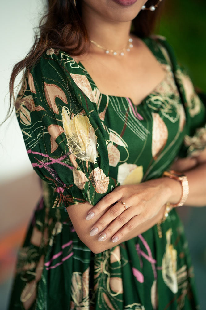 Forest Green Floral Midi Dress