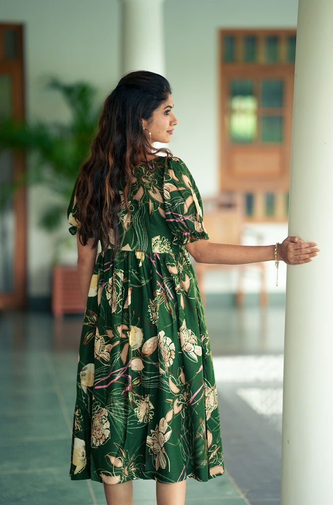 Forest Green Floral Midi Dress