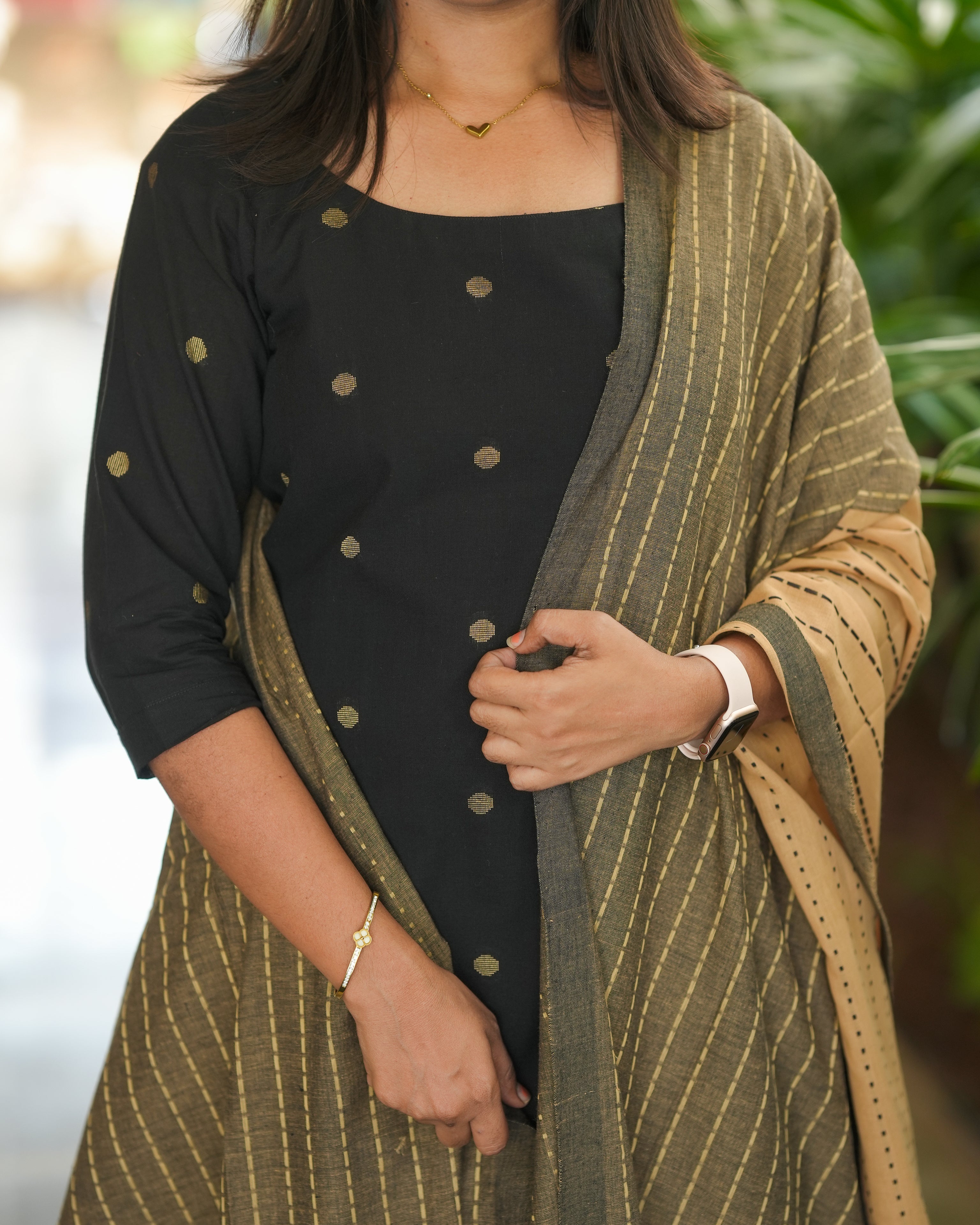 Black Kurti with Beige Striped Dupatta