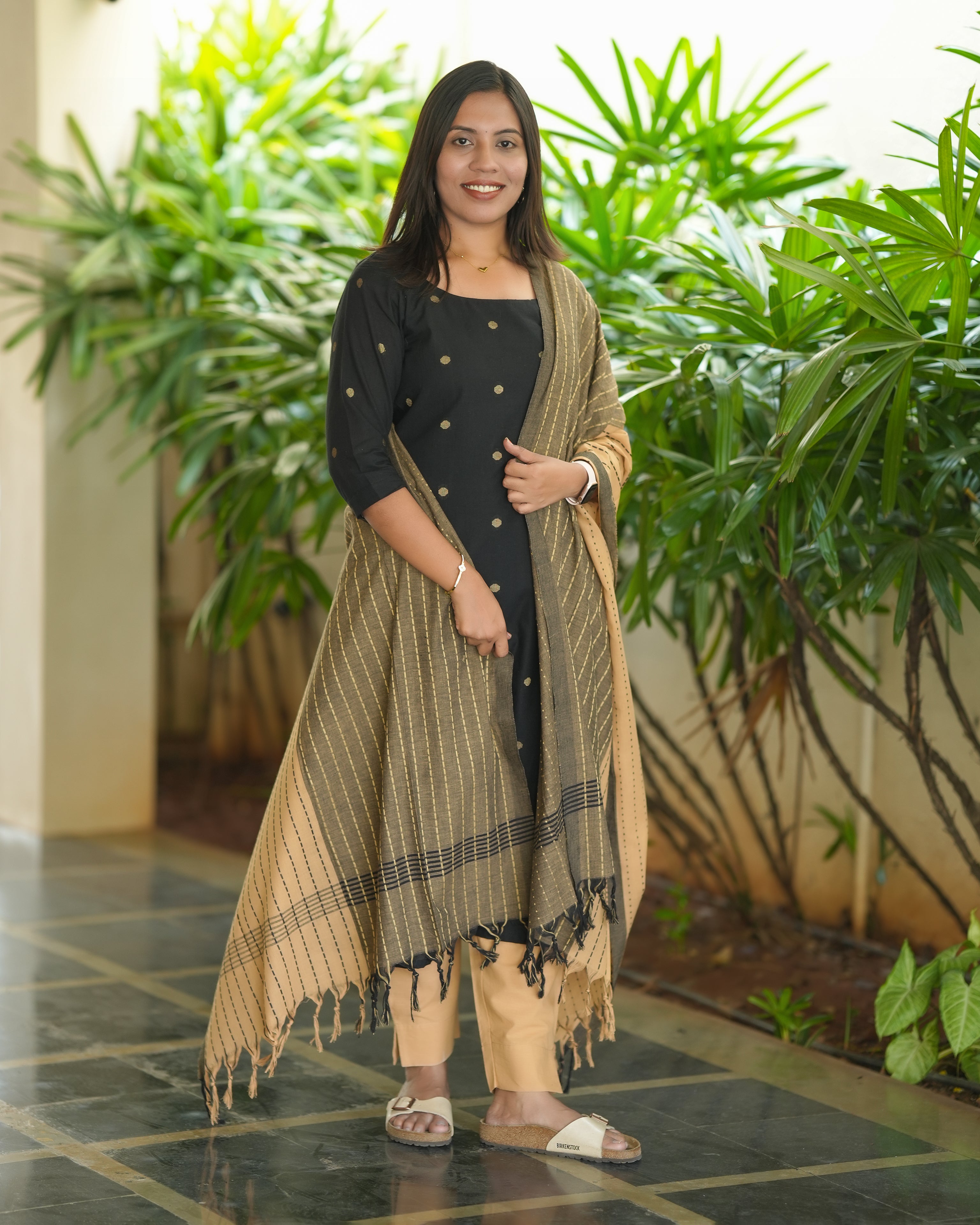 Black Kurti with Beige Striped Dupatta
