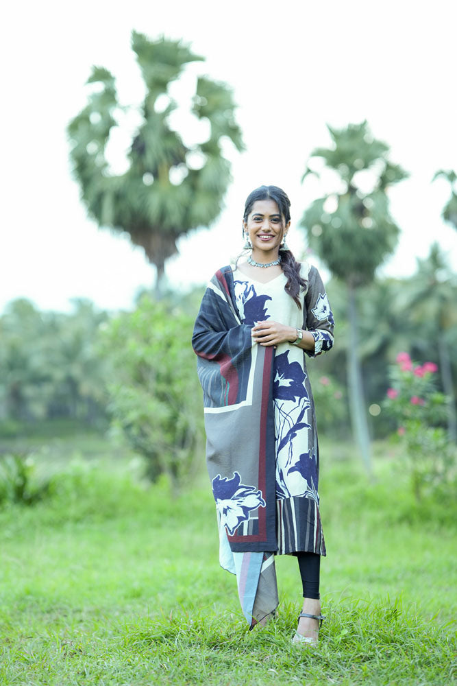 Beige Floral Kurti with Dupatta