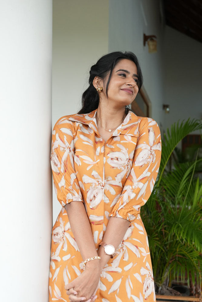 Mustard Yellow Floral Midi Dress