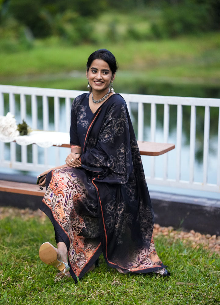 Navy Blue Floral Kurti with Dupatta