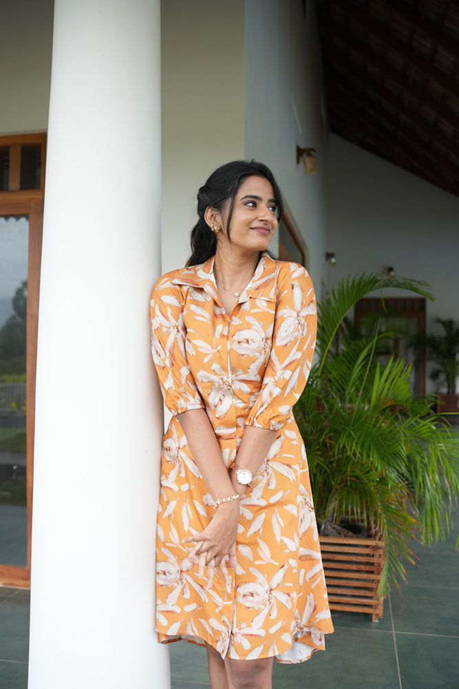 Mustard Yellow Floral Midi Dress