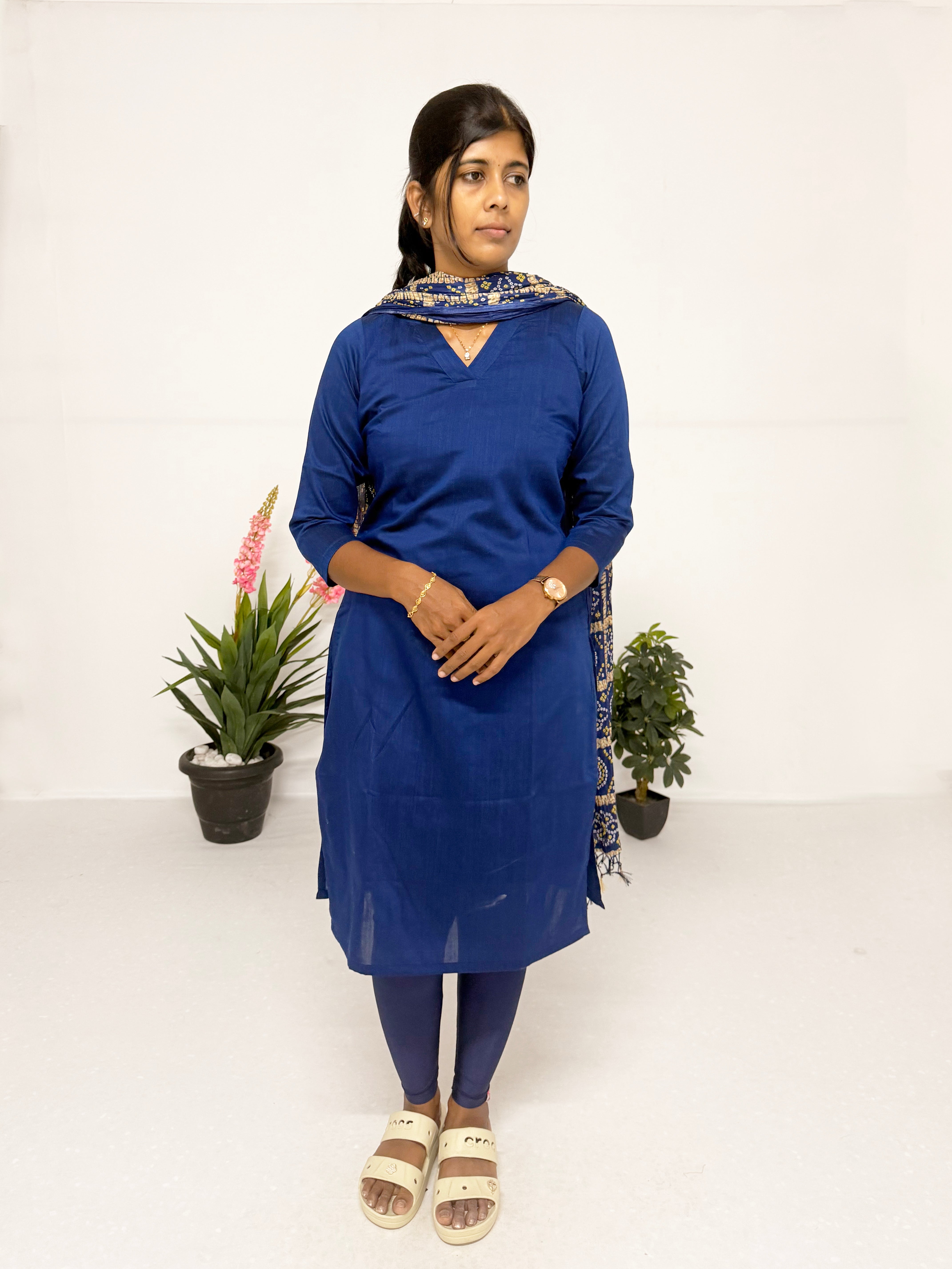 Navy Blue Cotton Kurti Set with Printed Dupatta