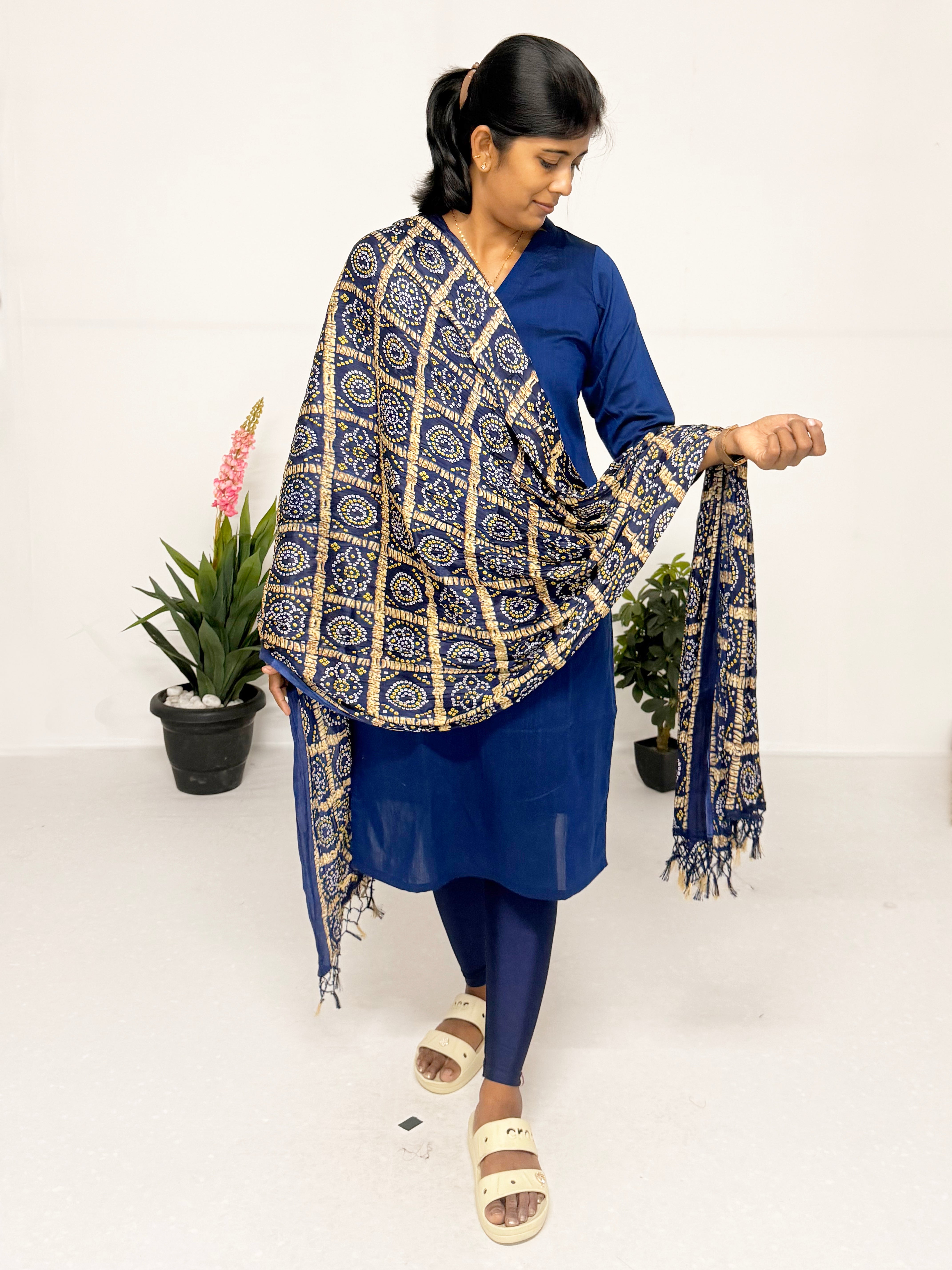 Navy Blue Cotton Kurti Set with Printed Dupatta