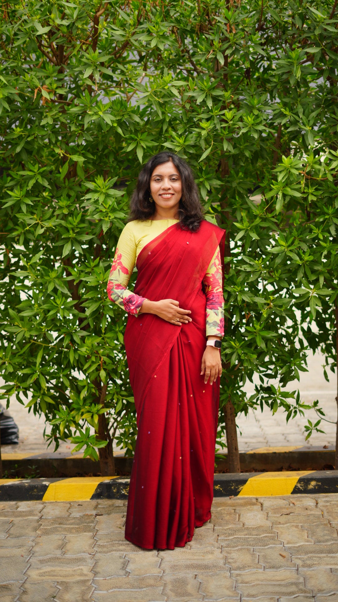 Cherry Red Classic Saree with Floral Sleeve Blouse
