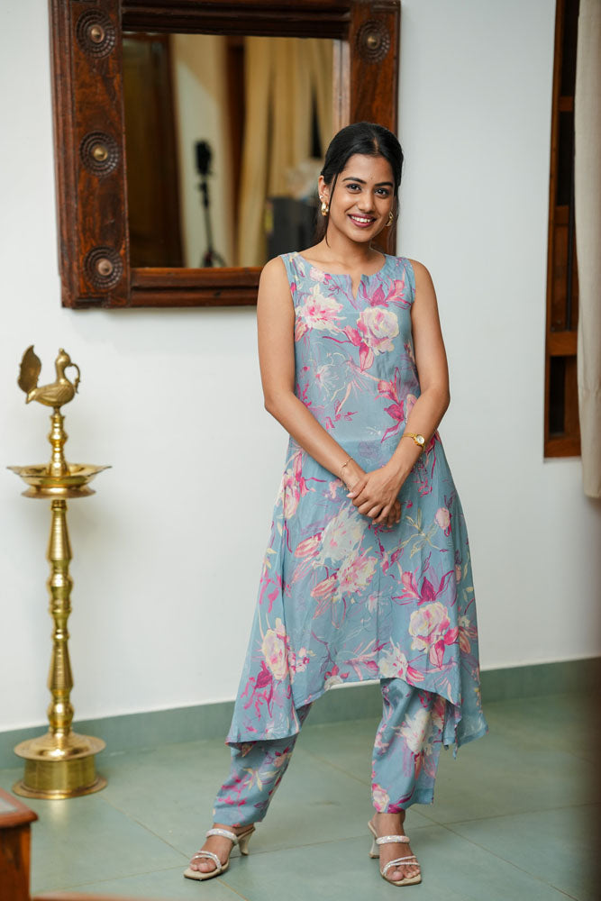 Elegant Blue Printed Kurti & Pant Set