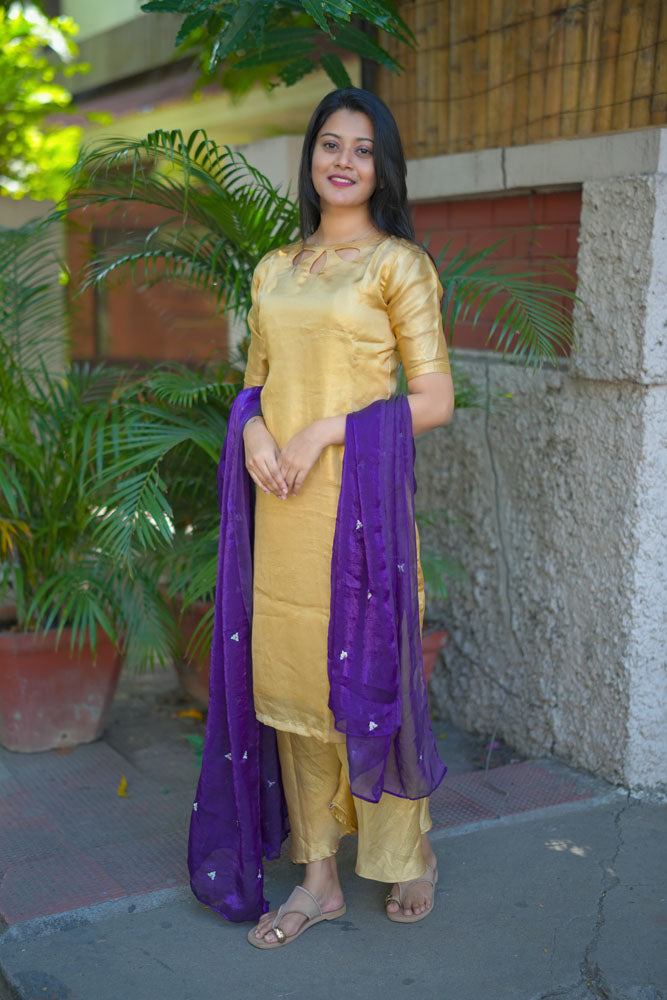 Golden Kurti Set with Purple Dupatta