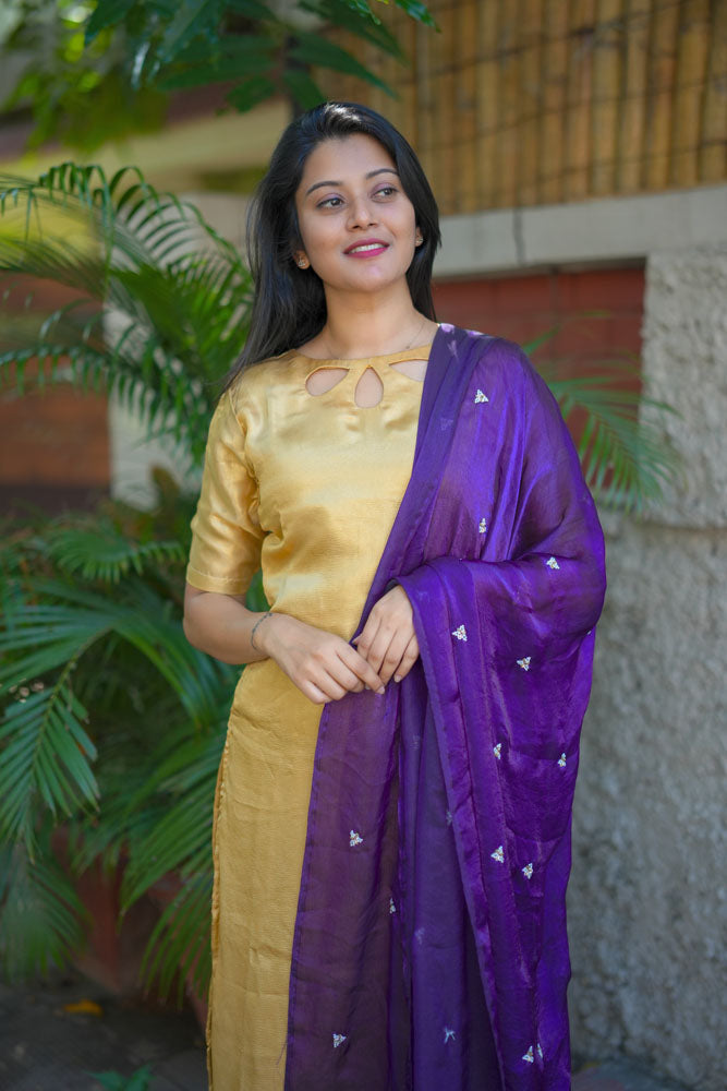 Golden Kurti Set with Purple Dupatta