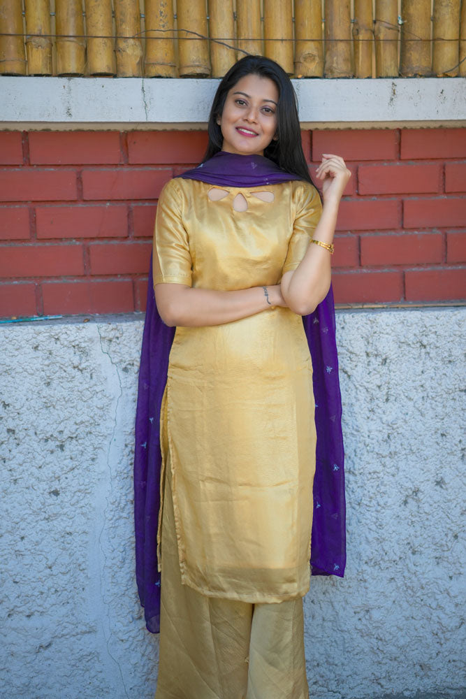 Golden Kurti Set with Purple Dupatta