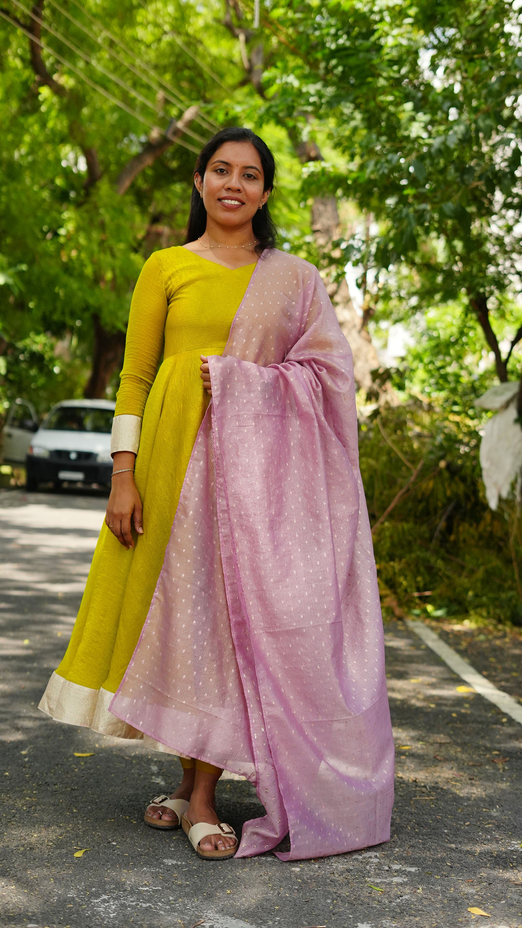 Mustard Yellow Anarkali Kurti with Pink Dupatta