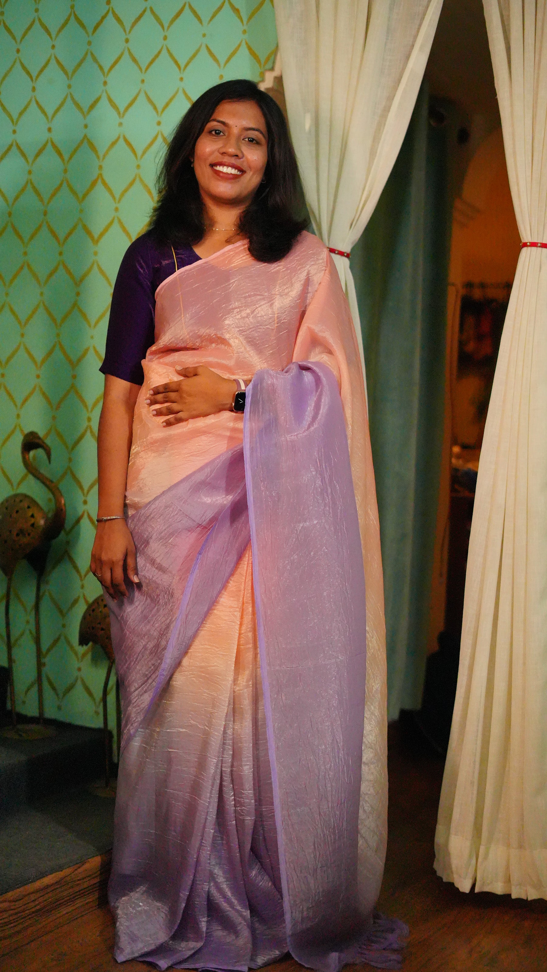 Purple Elegant Ombre Crushed Silk Saree