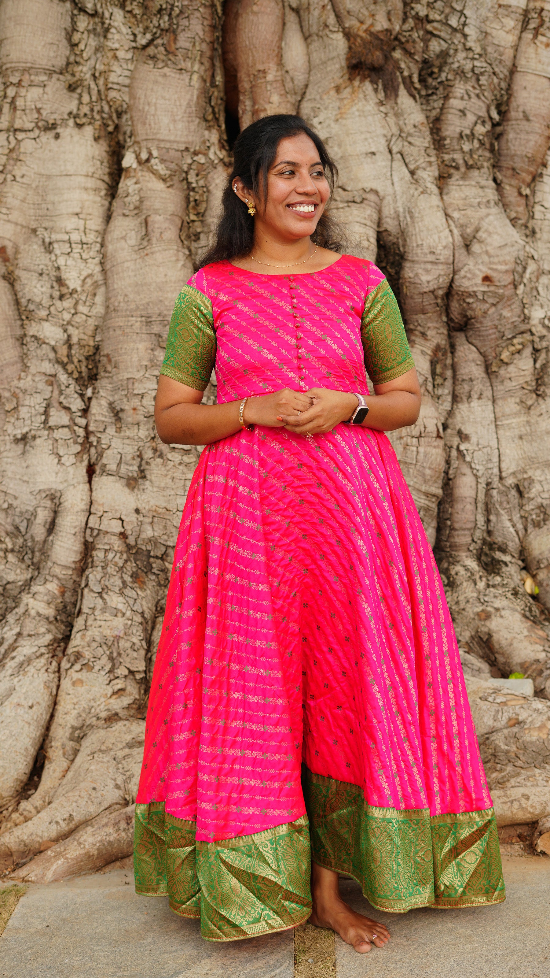 Elegant Pink & Green Banarasi Silk Long Gown