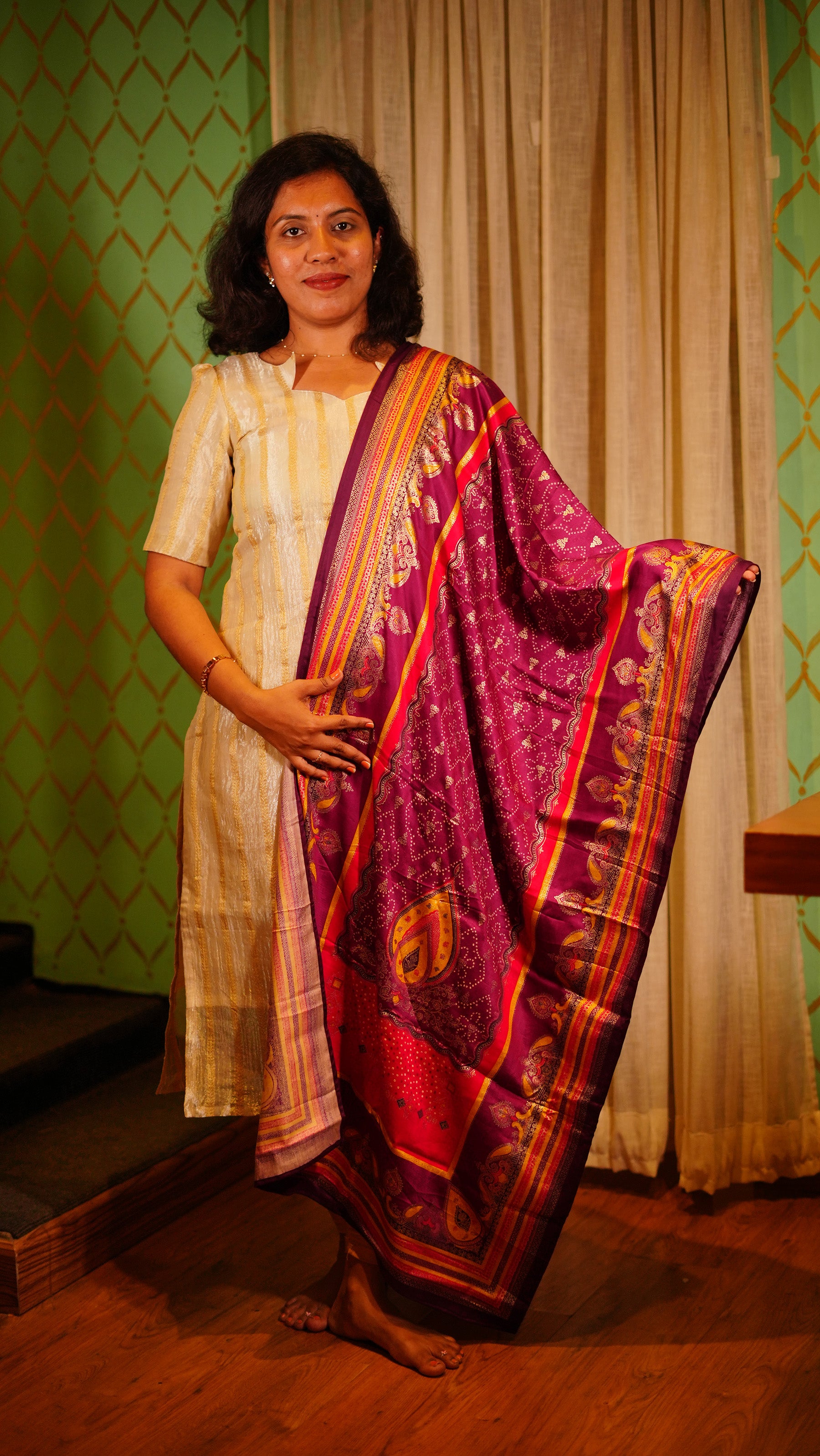 Cream Silk Kurti with Dupatta