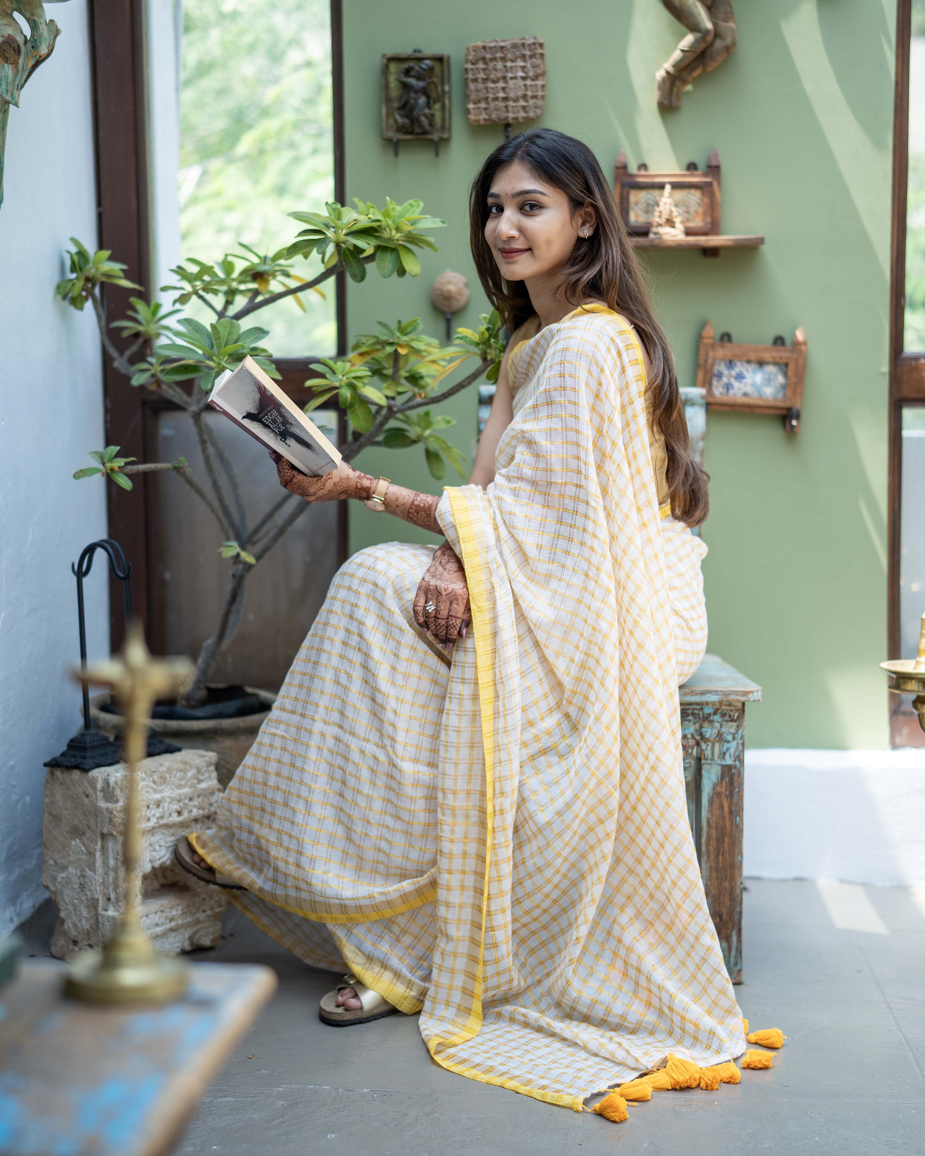 White Checks Mul Cotton Saree