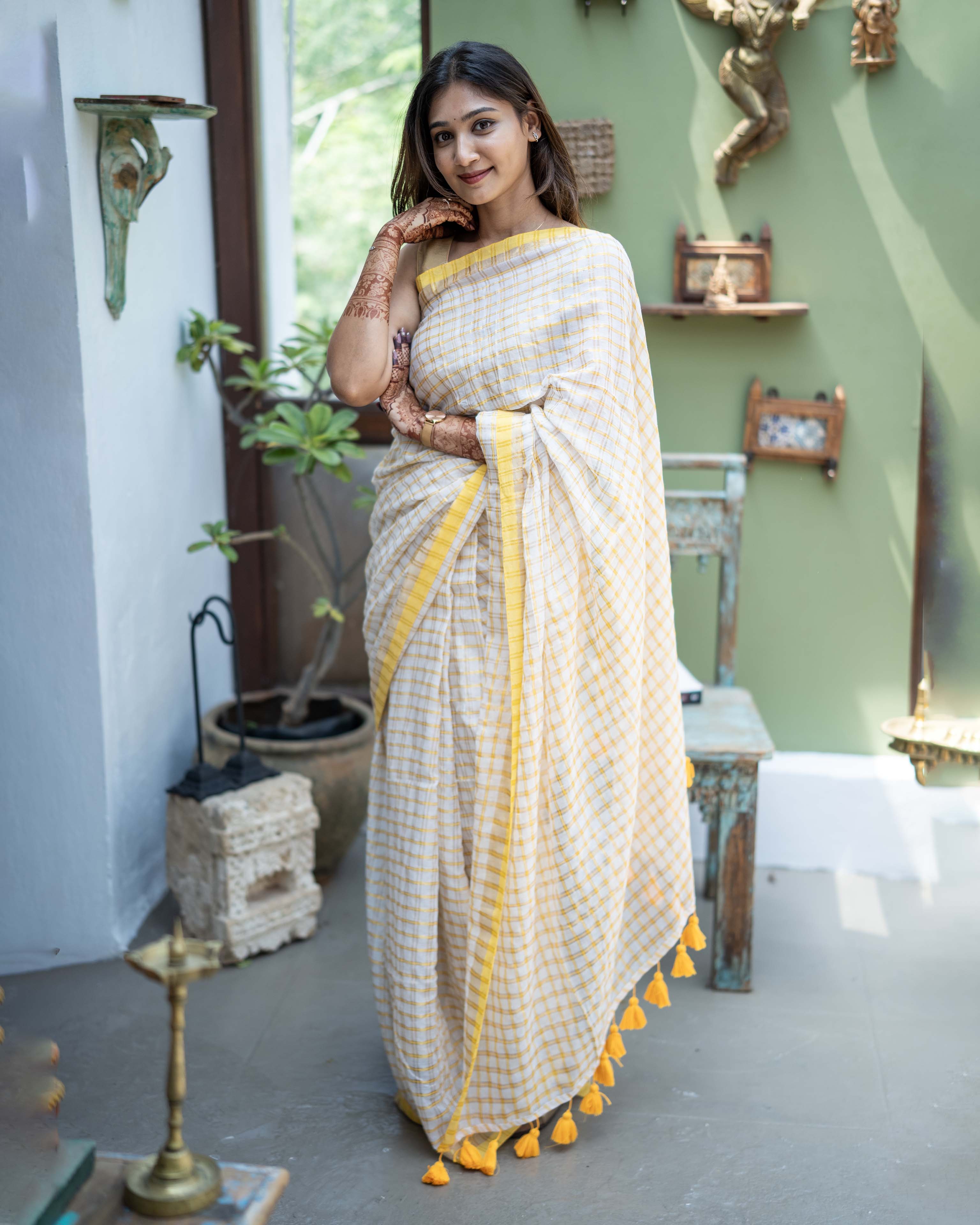 White Checks Mul Cotton Saree