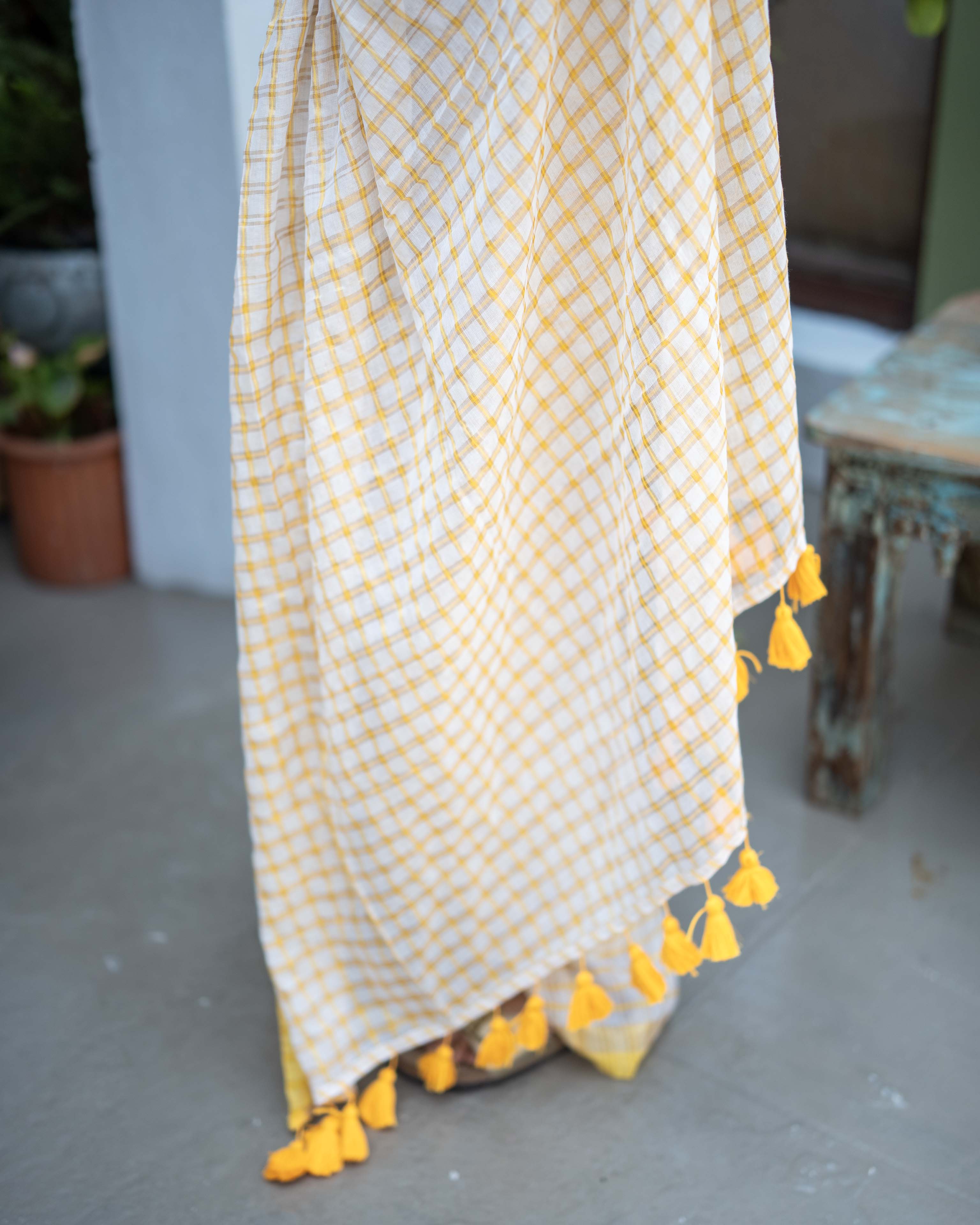 White Checks Mul Cotton Saree