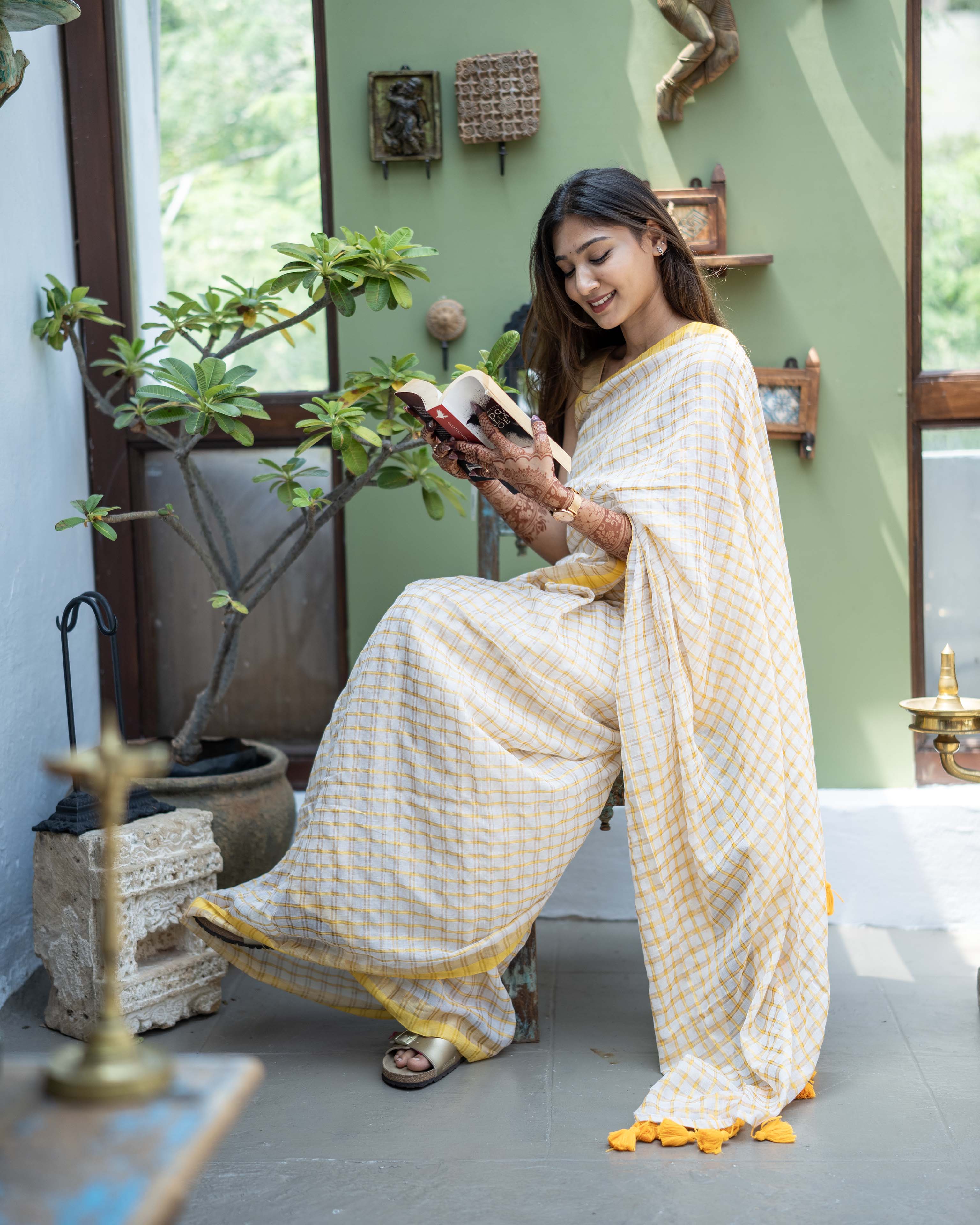 White Checks Mul Cotton Saree