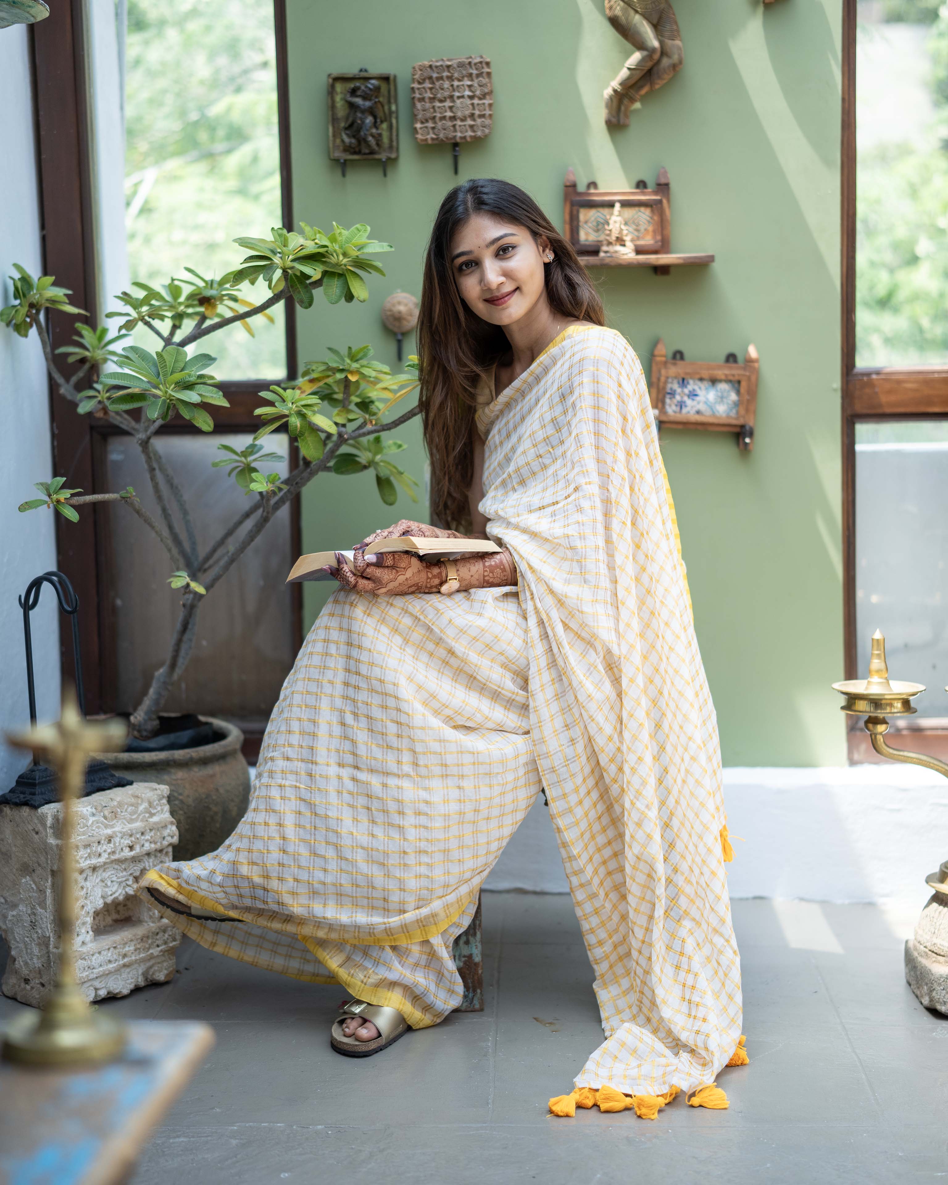 White Checks Mul Cotton Saree
