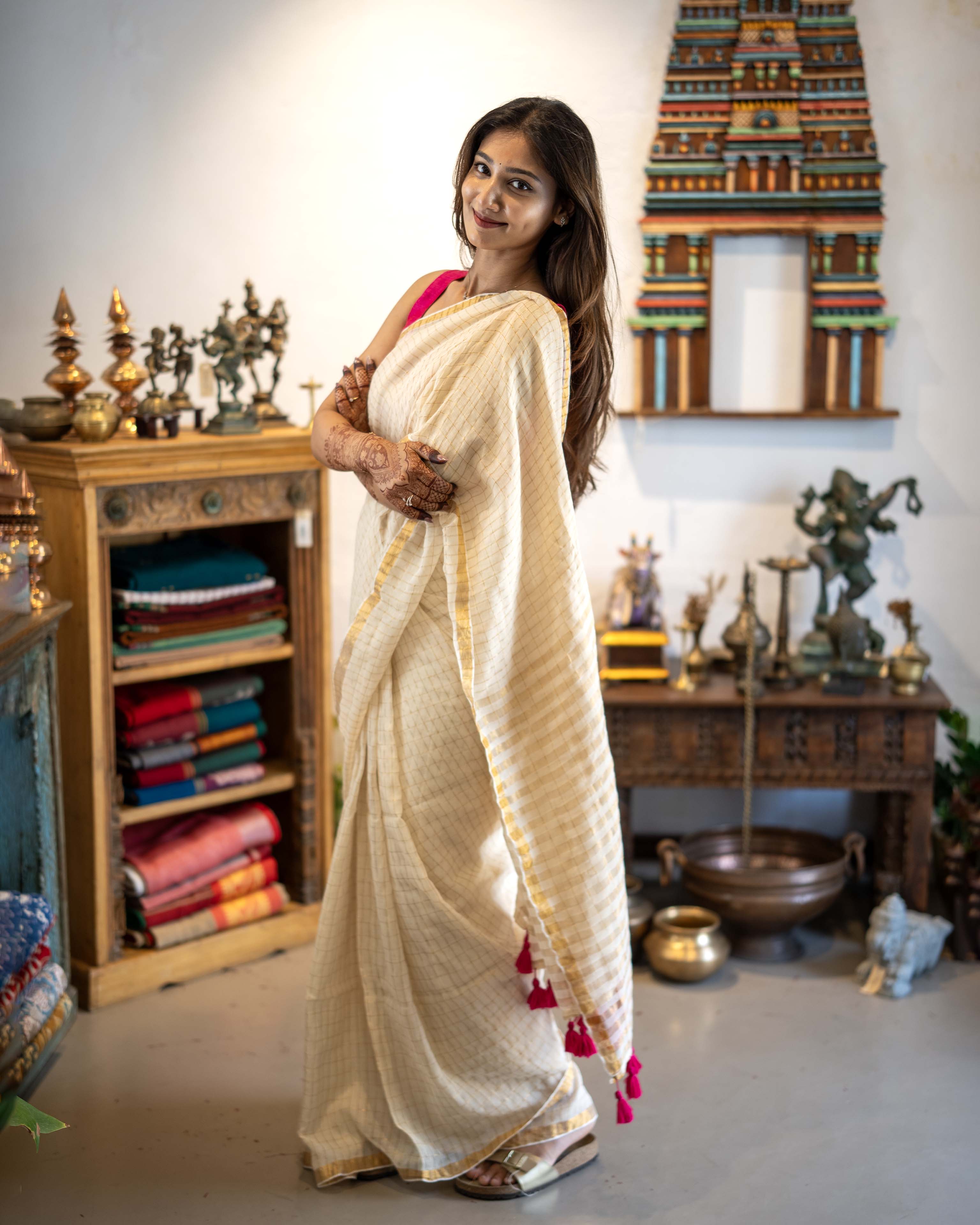 White Checks Mul Cotton Saree