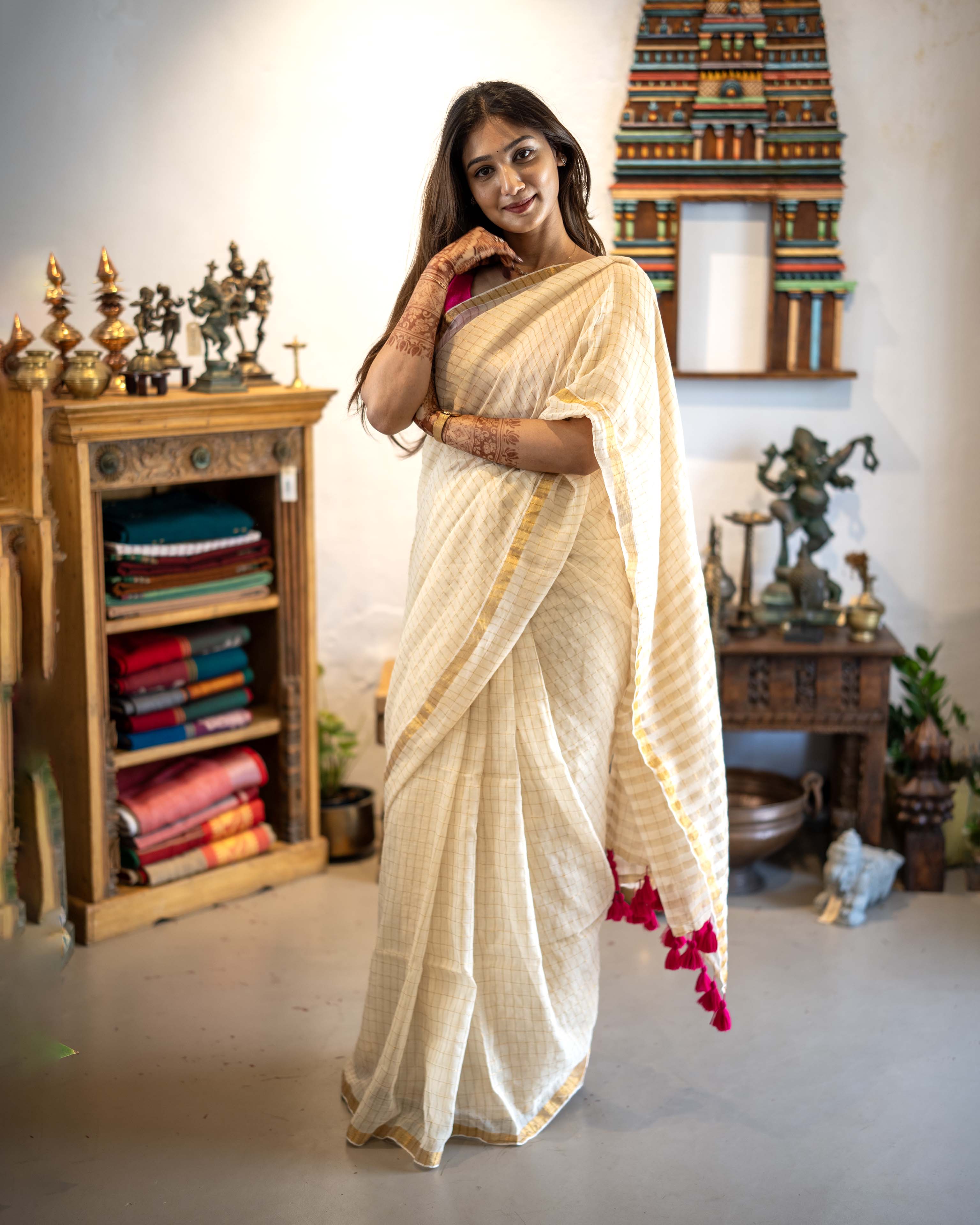 White Checks Mul Cotton Saree