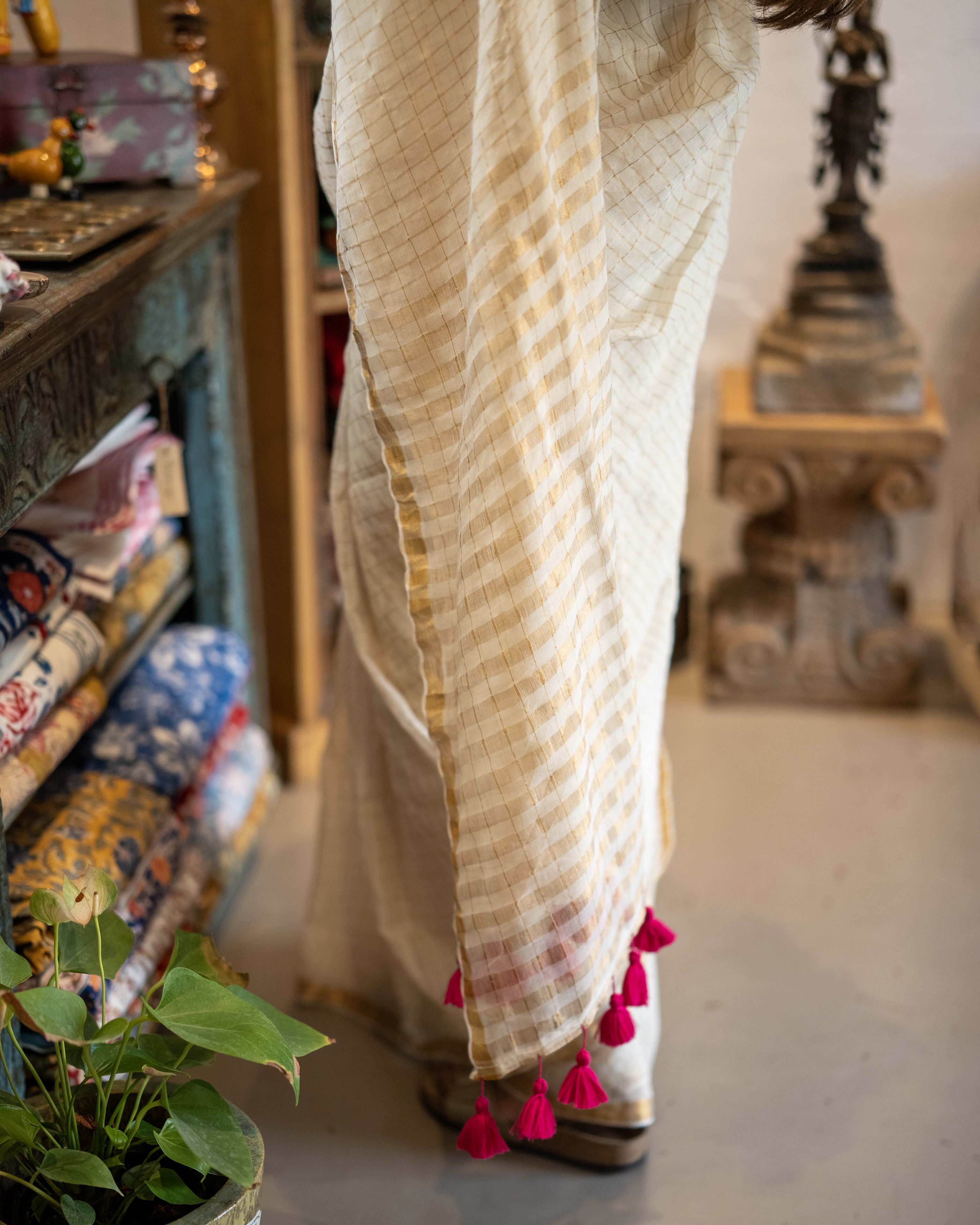 White Checks Mul Cotton Saree