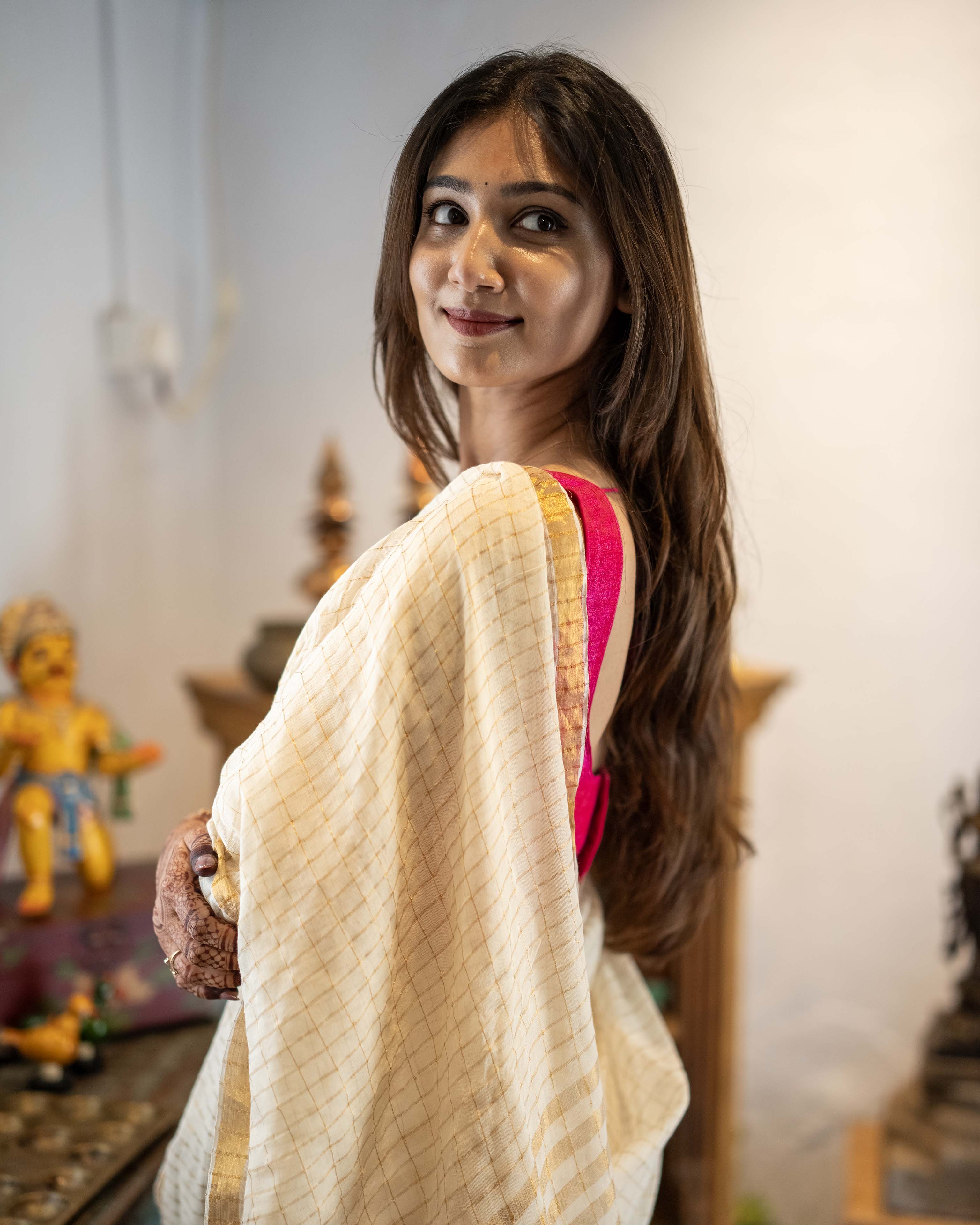 White Checks Mul Cotton Saree