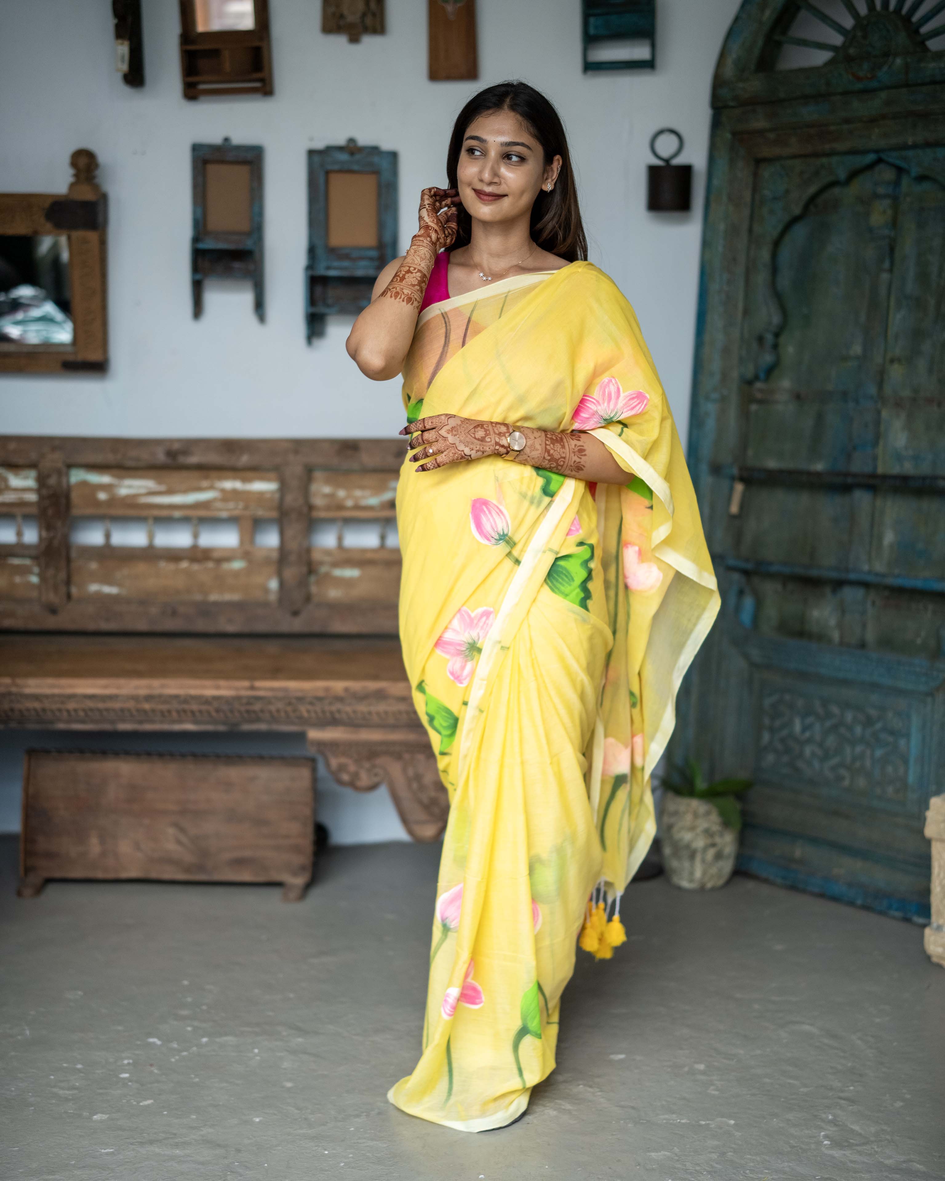 Yellow Floral Printed Mul Cotton Saree
