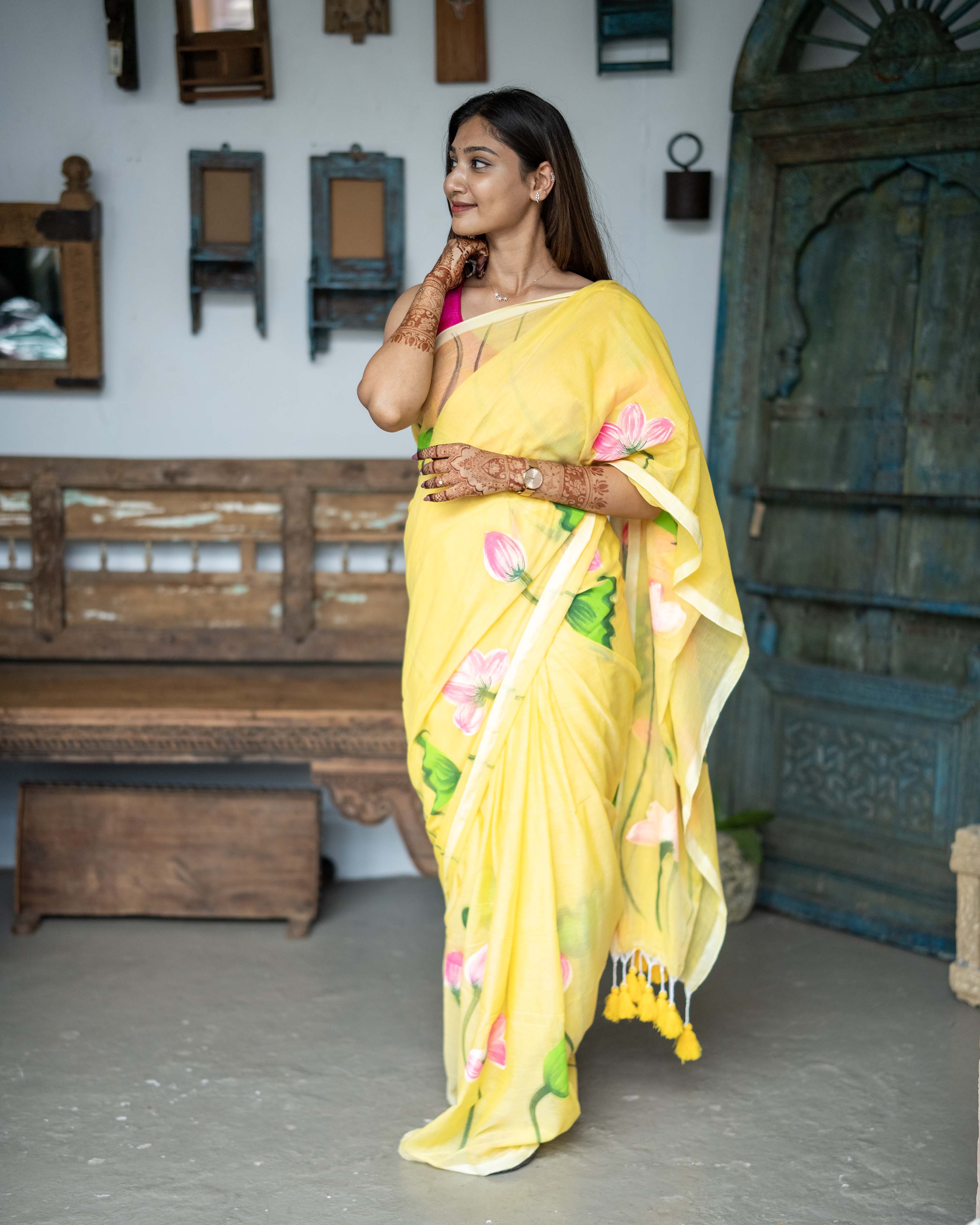 Yellow Floral Printed Mul Cotton Saree