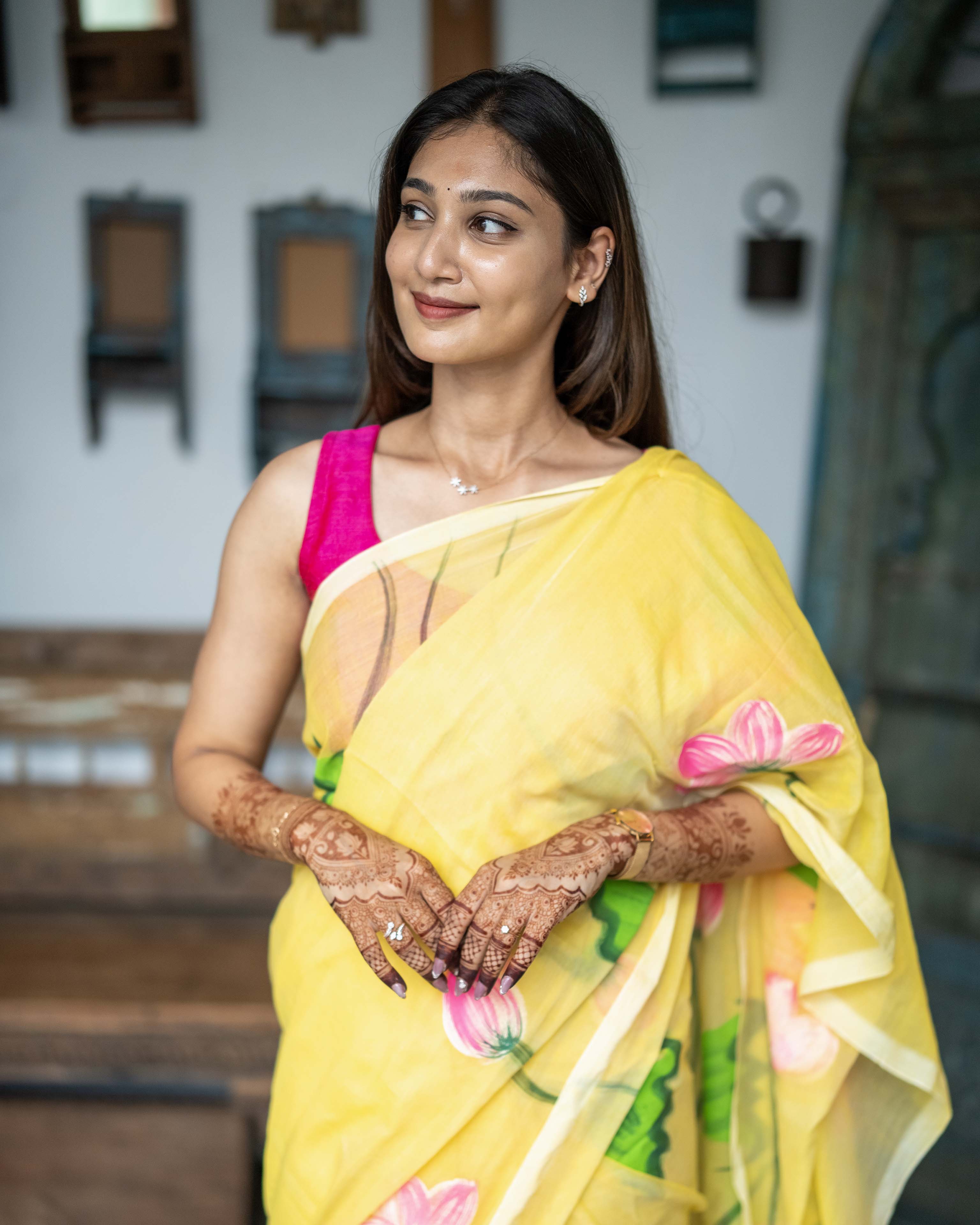 Yellow Floral Printed Mul Cotton Saree