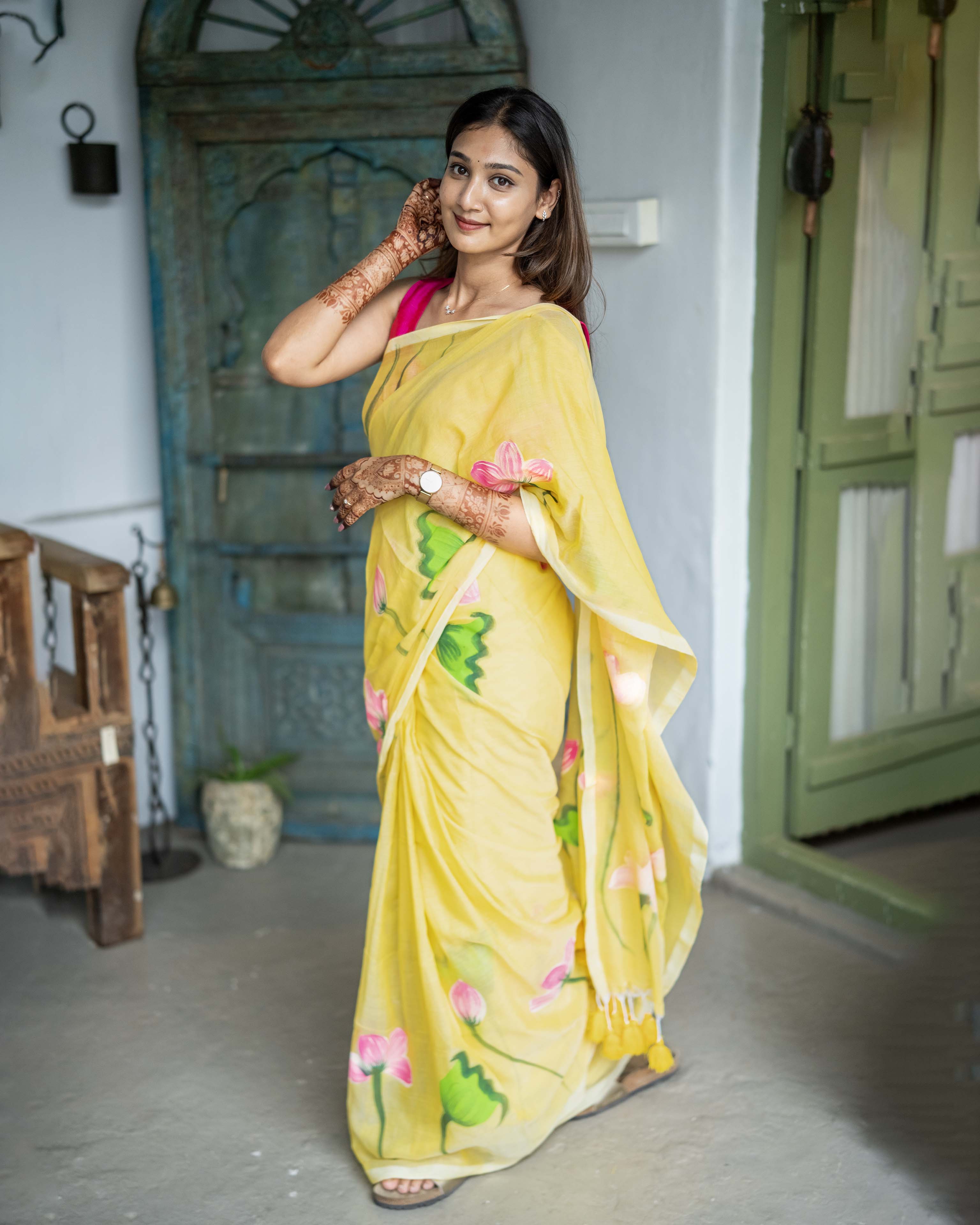 Yellow Floral Printed Mul Cotton Saree
