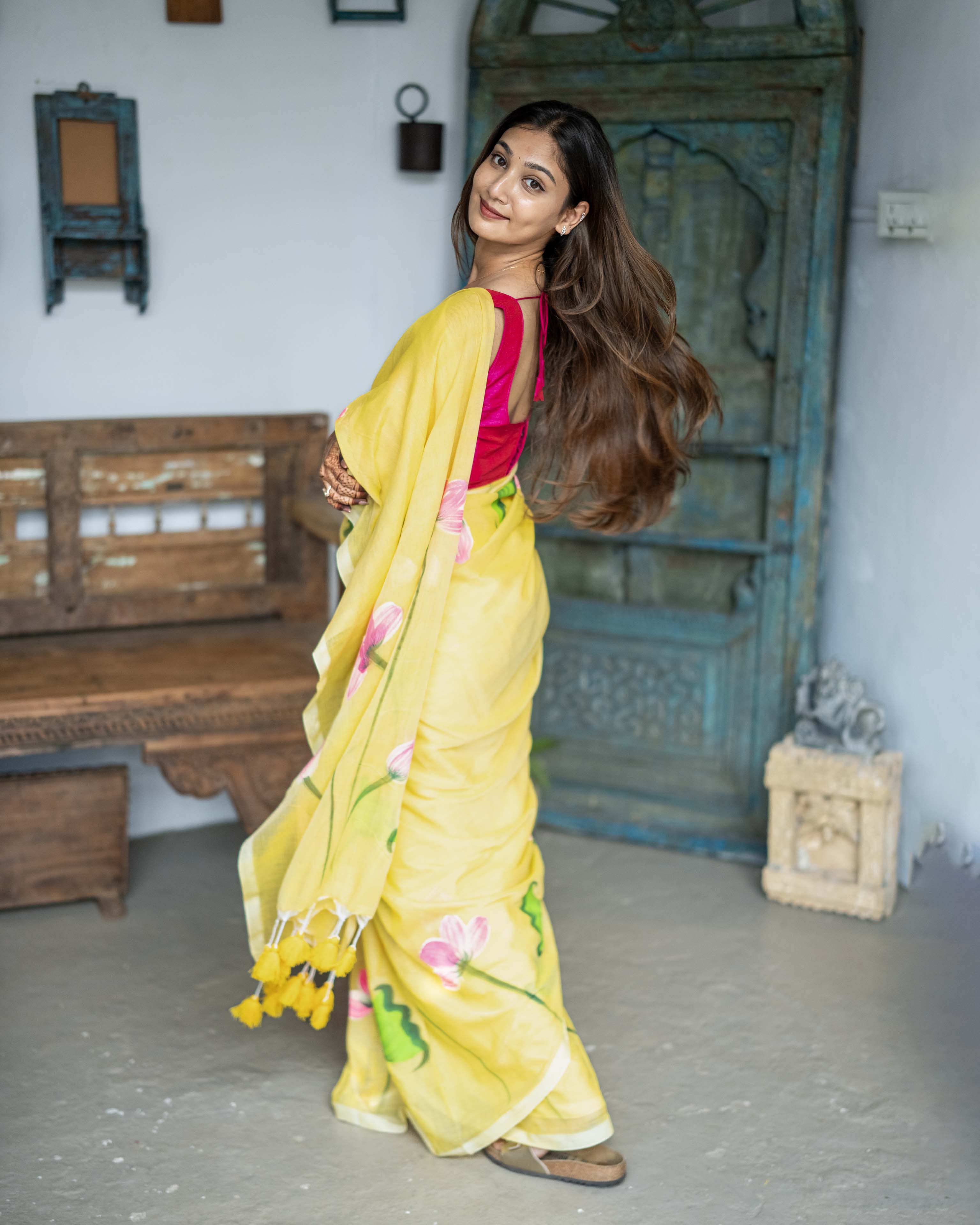 Yellow Floral Printed Mul Cotton Saree