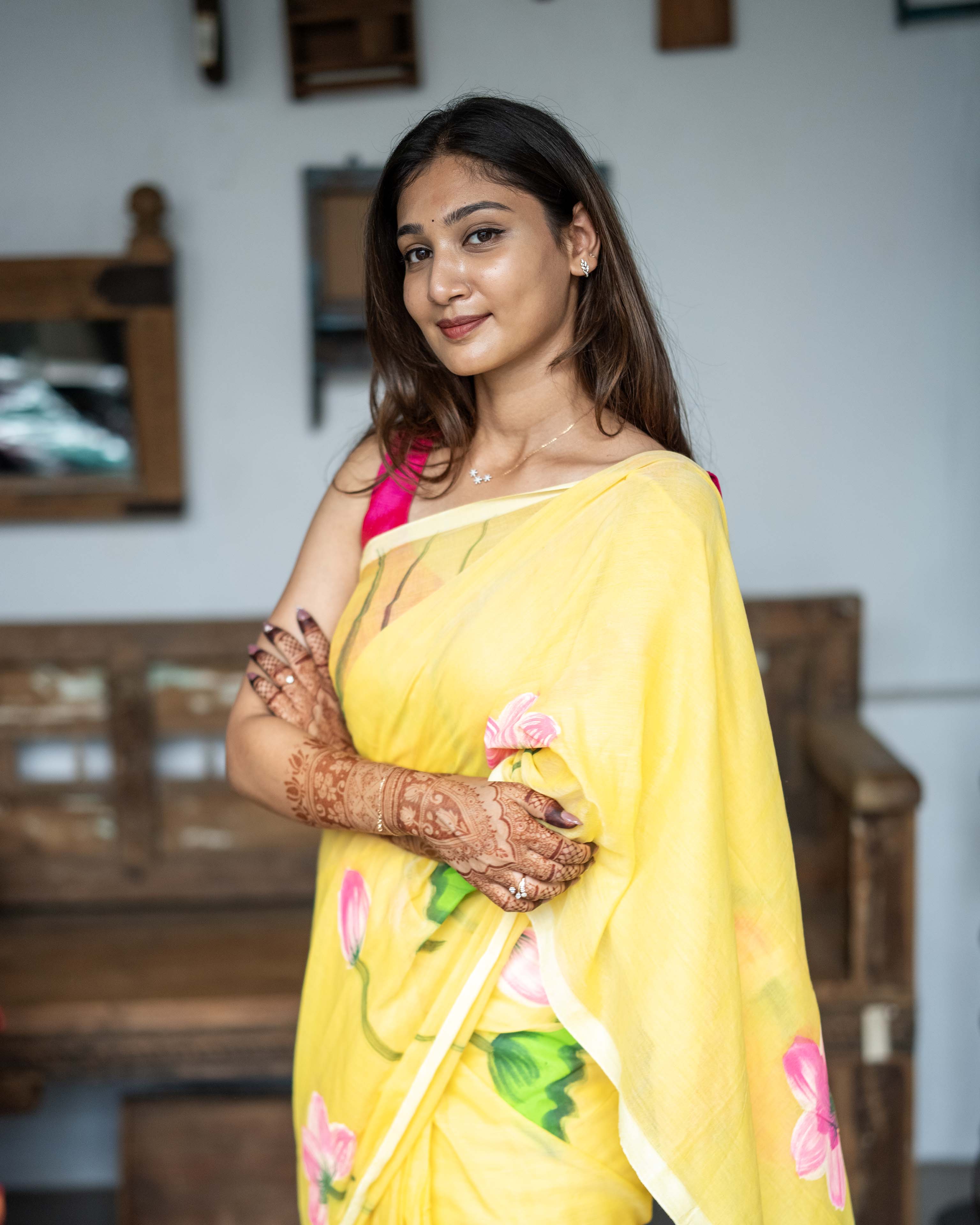 Yellow Floral Printed Mul Cotton Saree