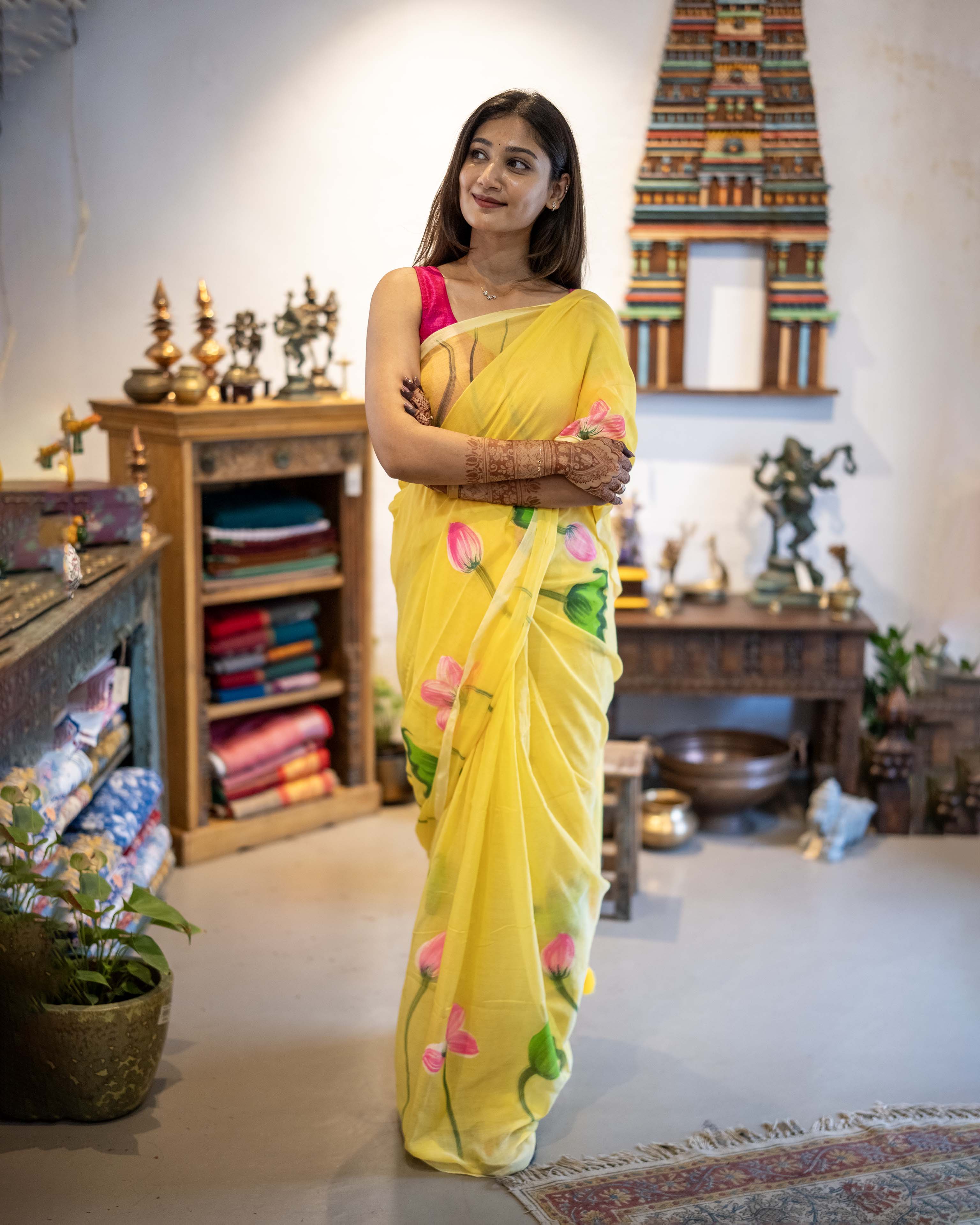 Yellow Floral Printed Mul Cotton Saree