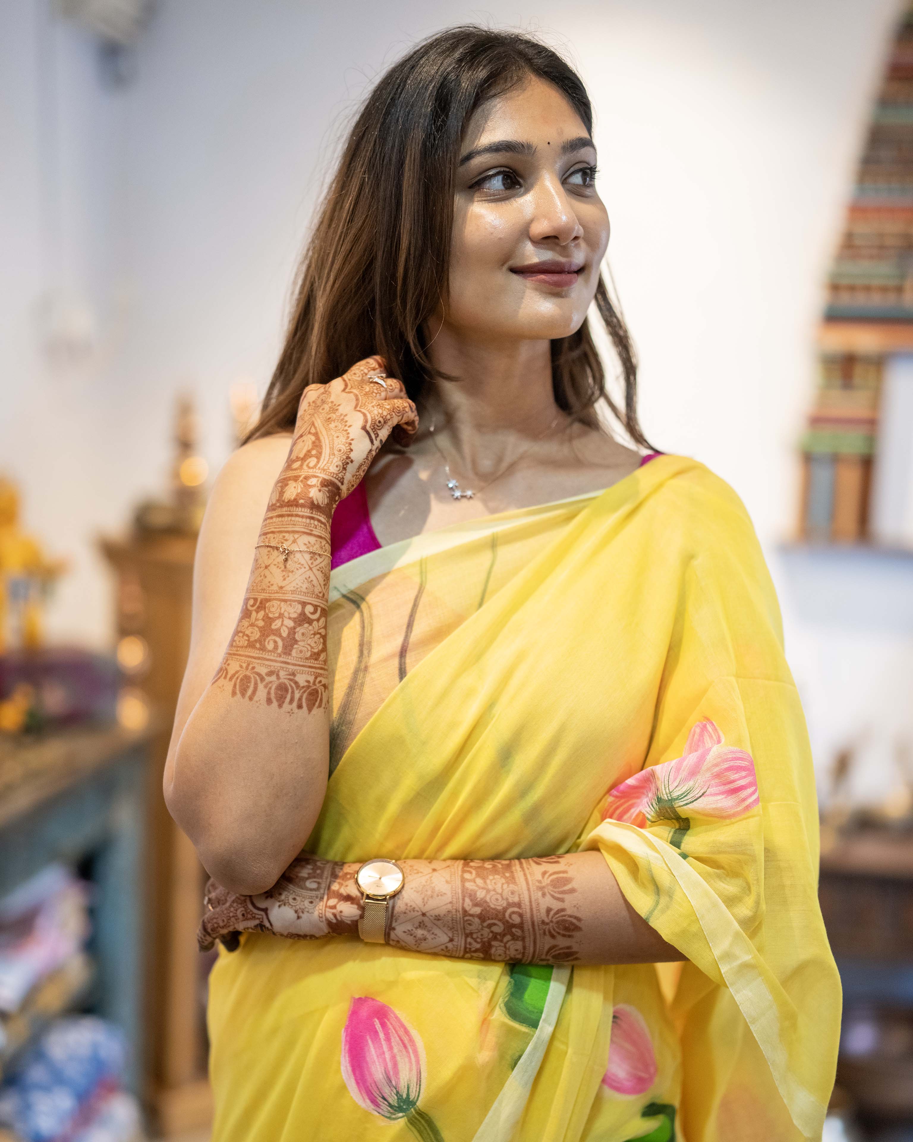 Yellow Floral Printed Mul Cotton Saree