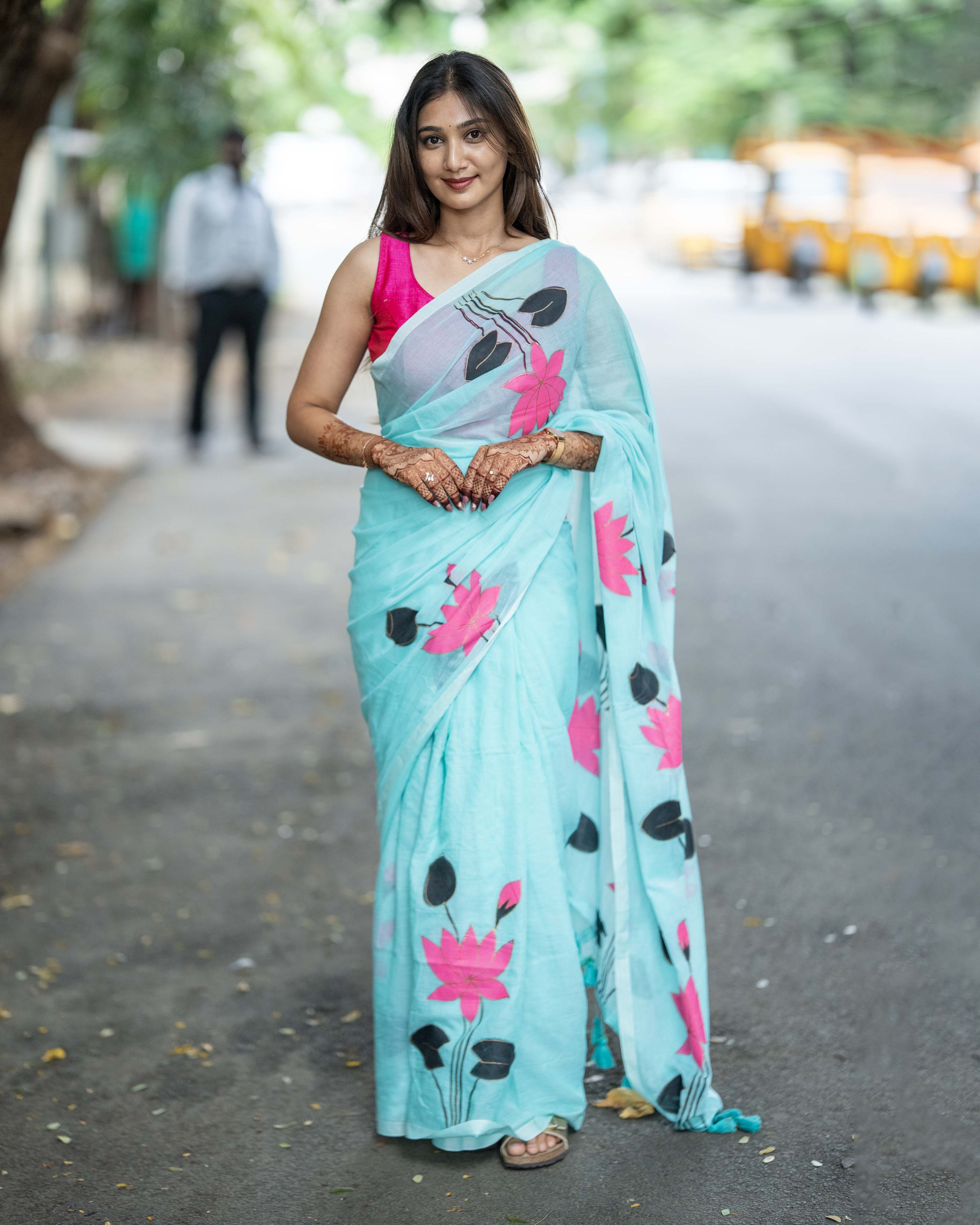 Fresh Blue Floral Printed Mul Cotton Saree