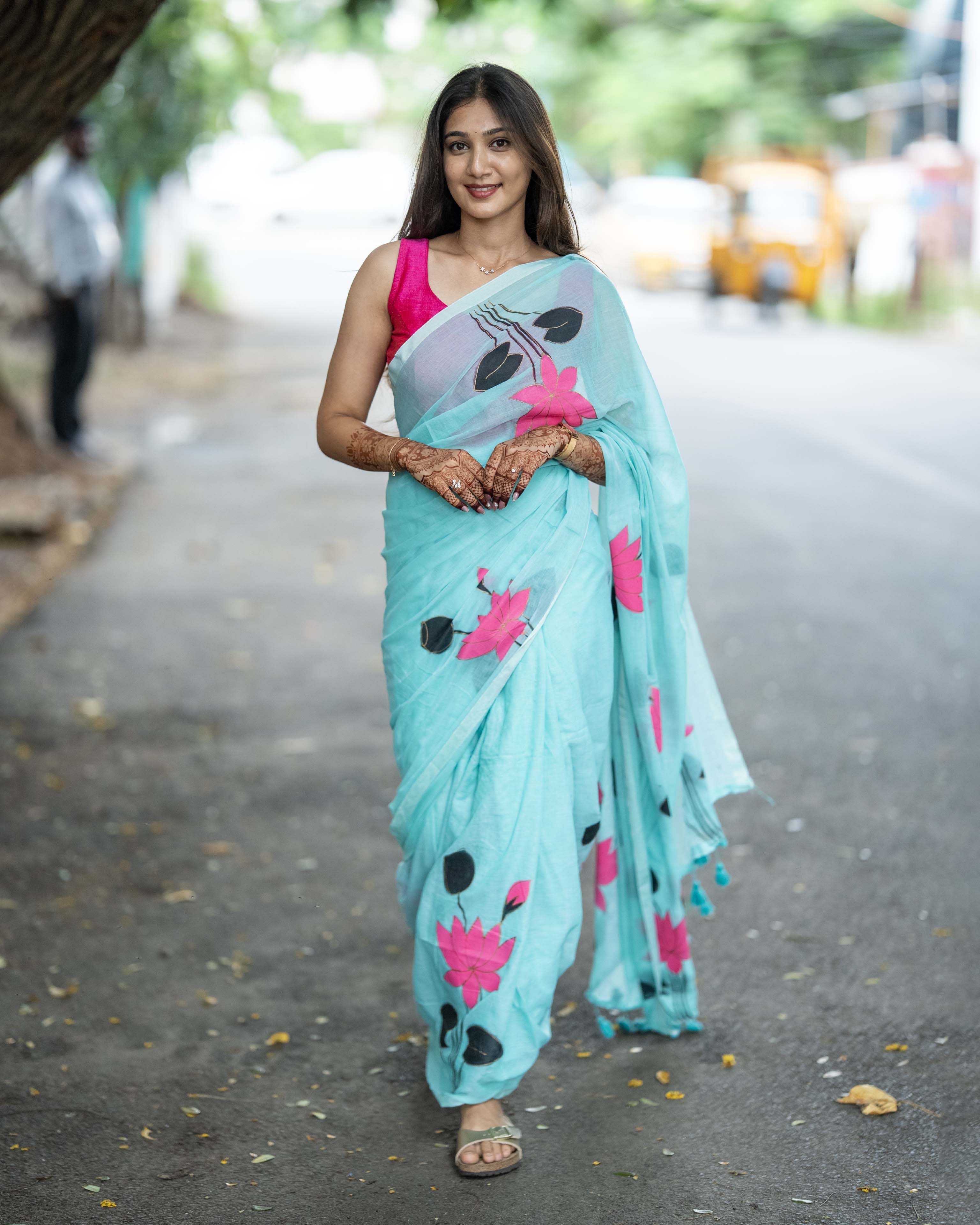 Fresh Blue Floral Printed Mul Cotton Saree