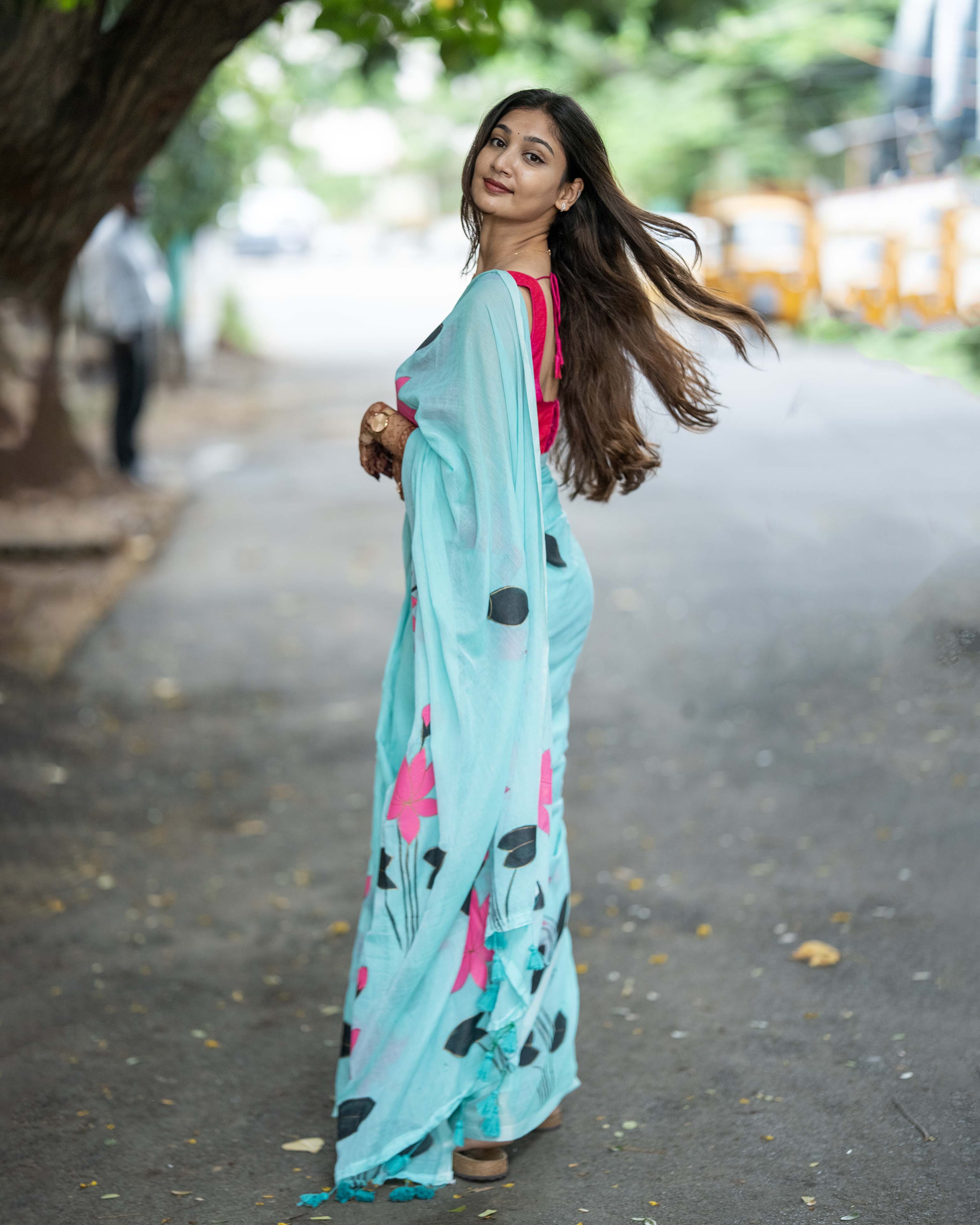 Fresh Blue Floral Printed Mul Cotton Saree