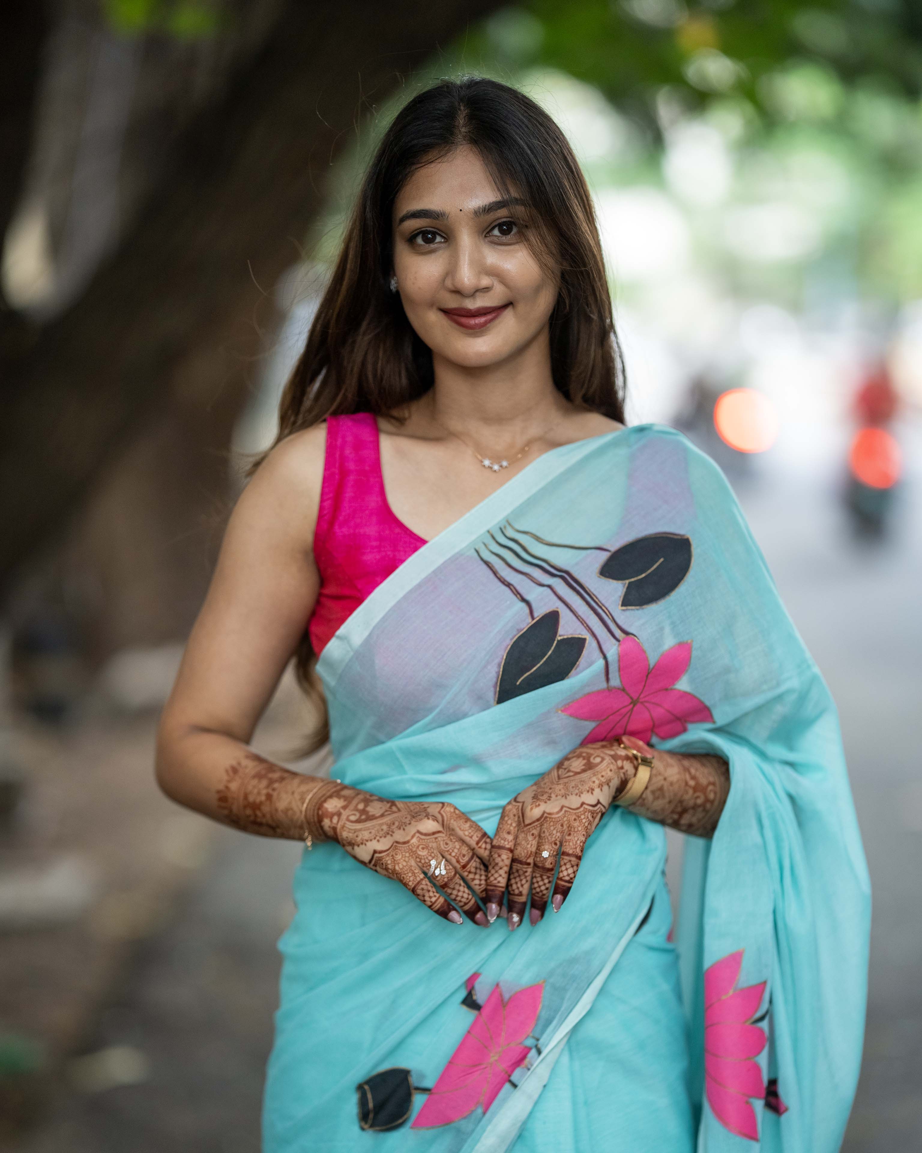 Fresh Blue Floral Printed Mul Cotton Saree