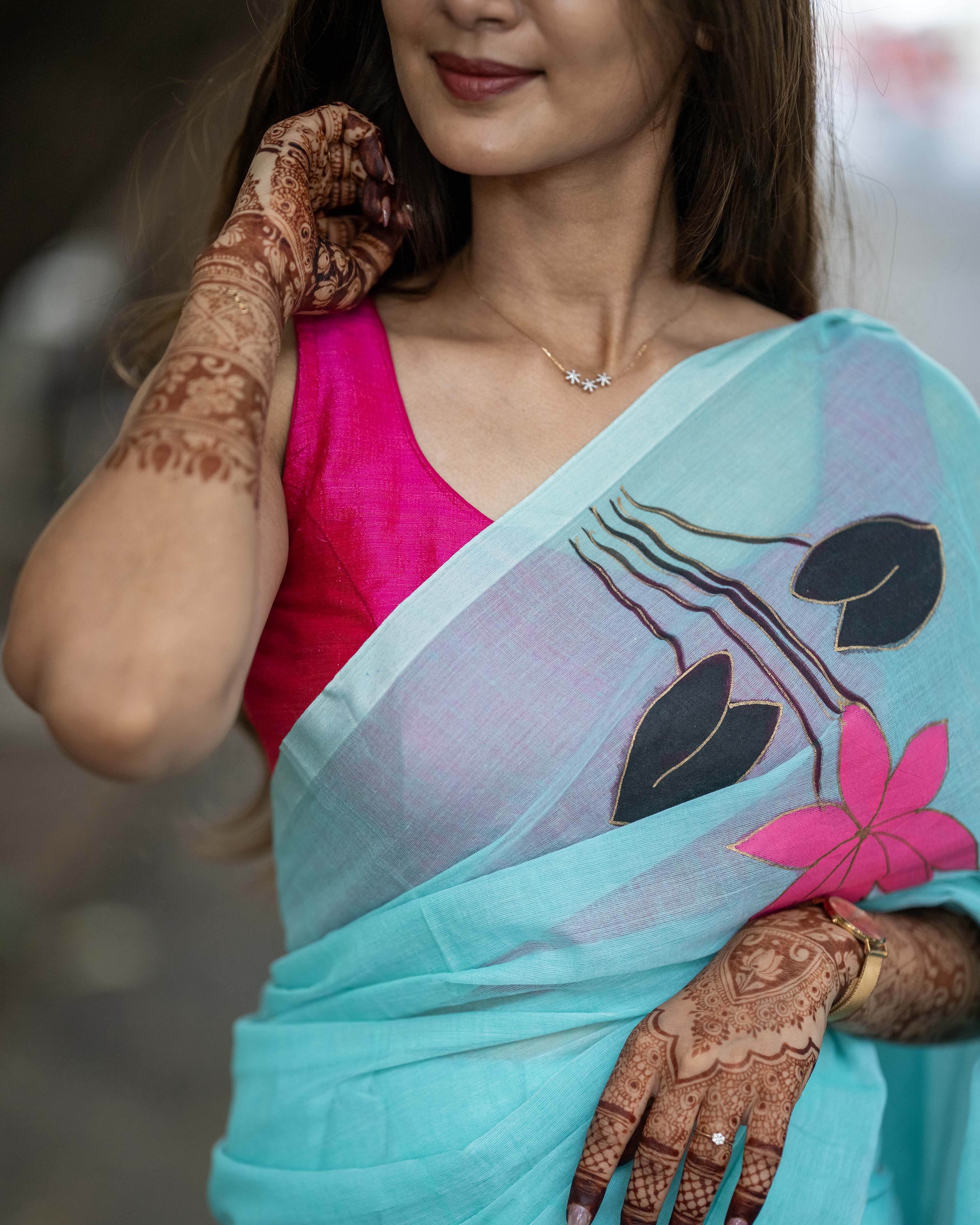 Fresh Blue Floral Printed Mul Cotton Saree