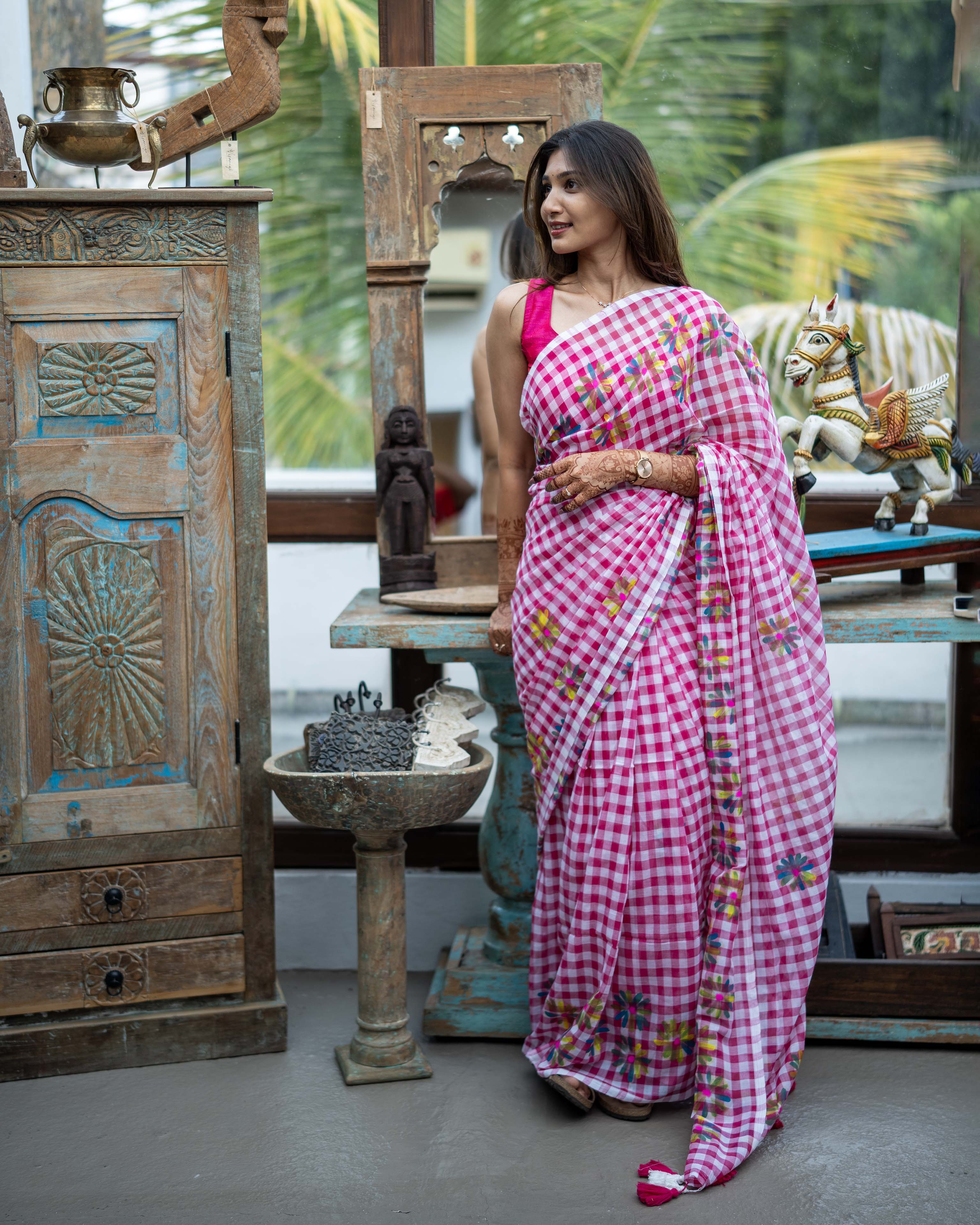 Pink Checked Mul Cotton Saree