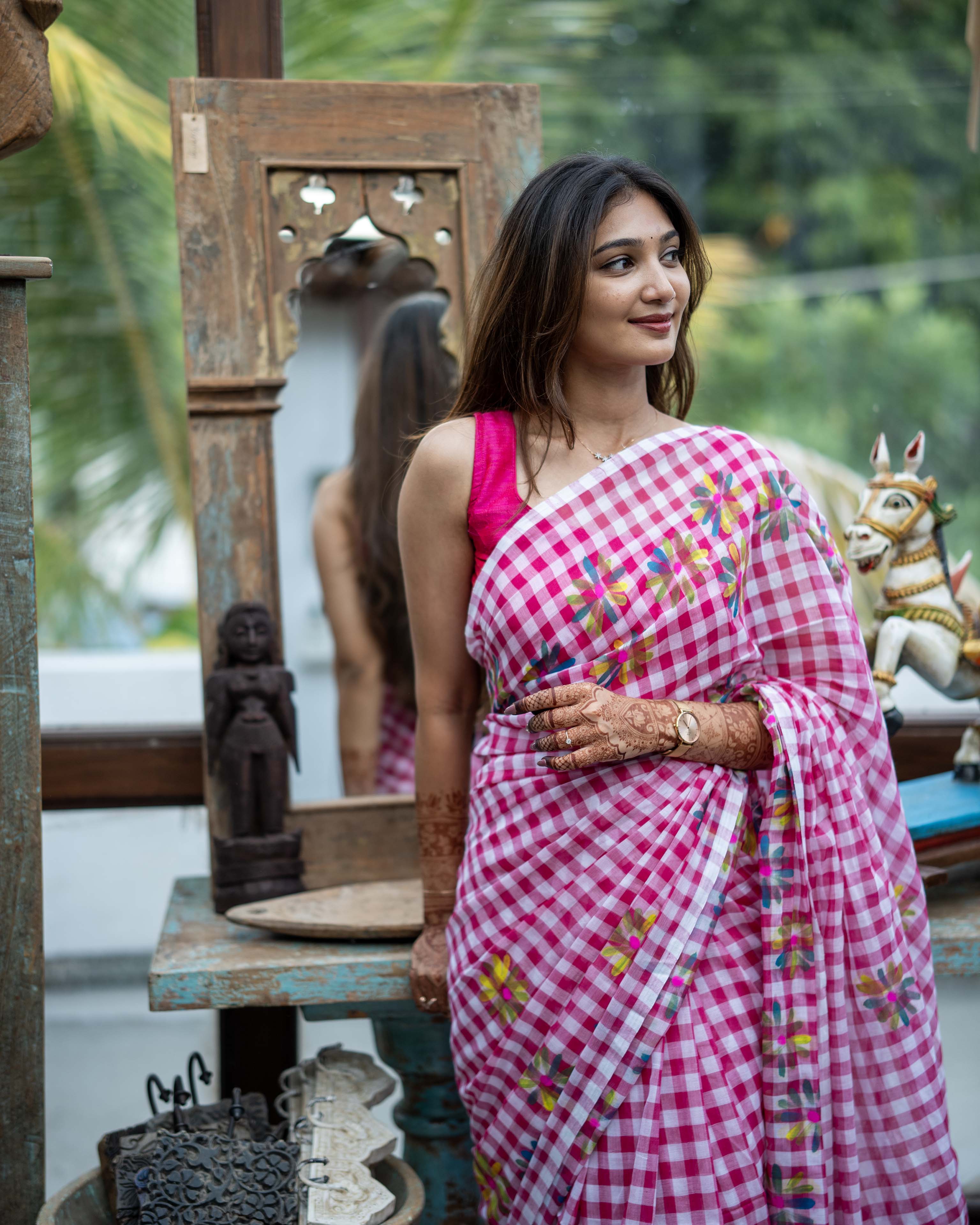 Pink Checked Mul Cotton Saree