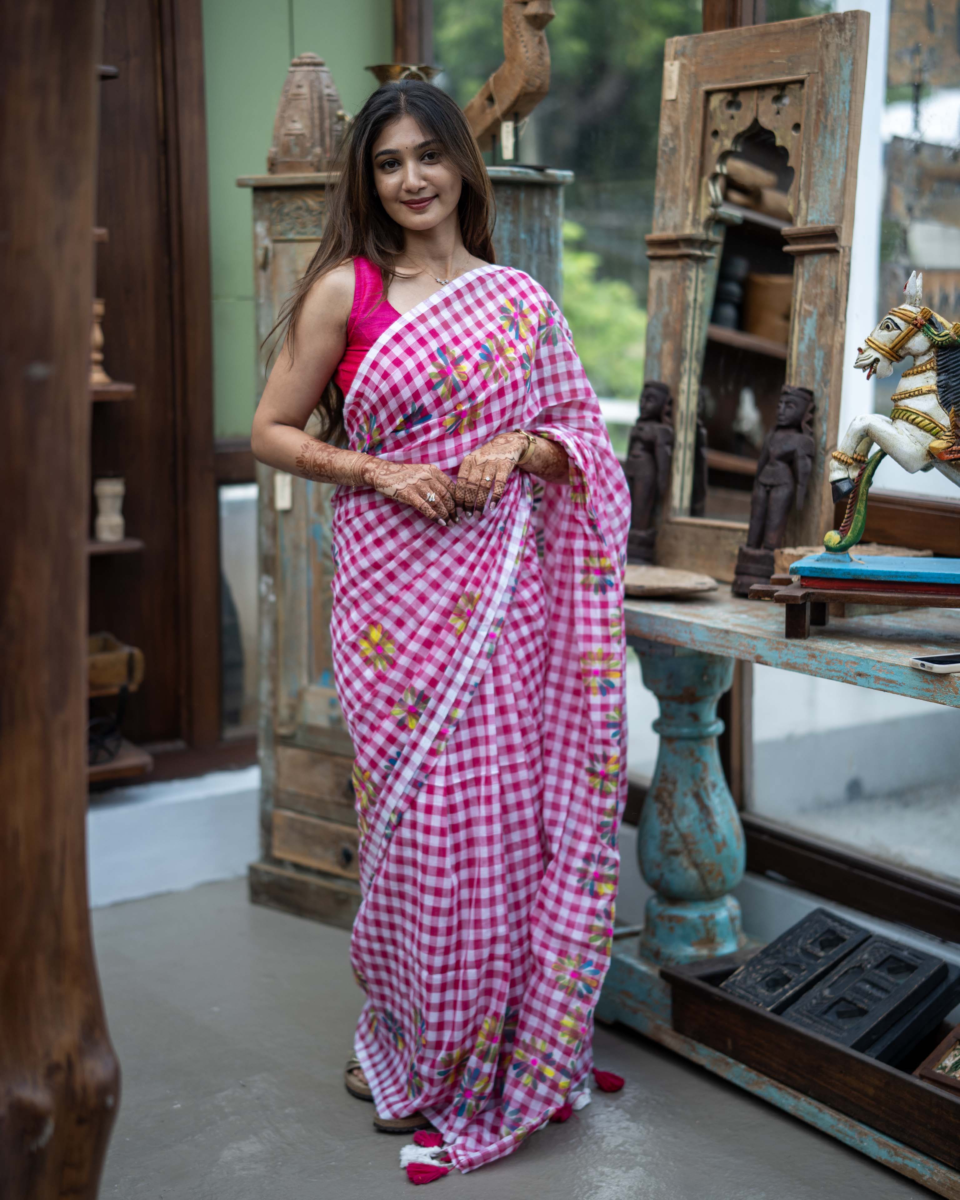 Pink Checked Mul Cotton Saree