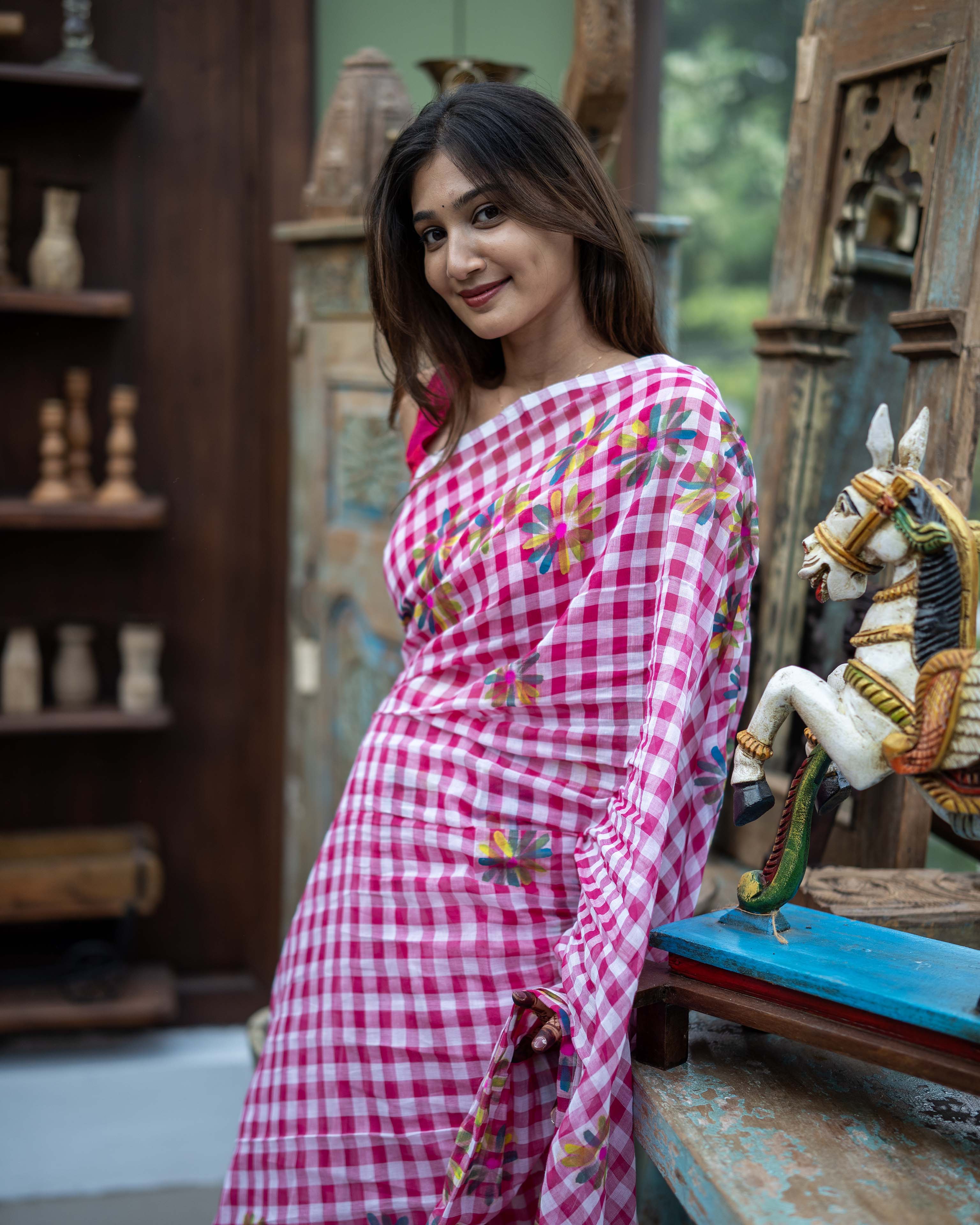 Pink Checked Mul Cotton Saree