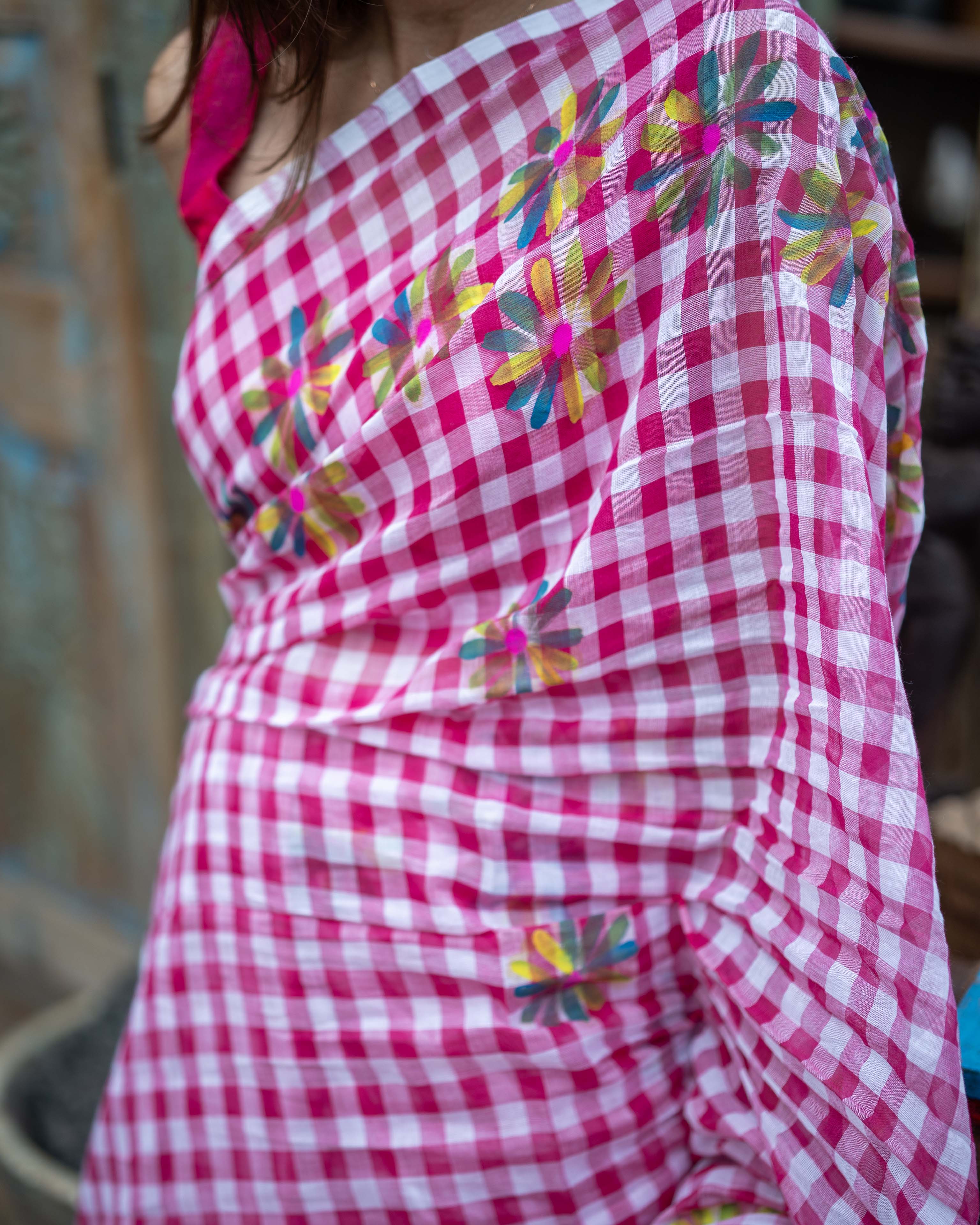 Pink Checked Mul Cotton Saree