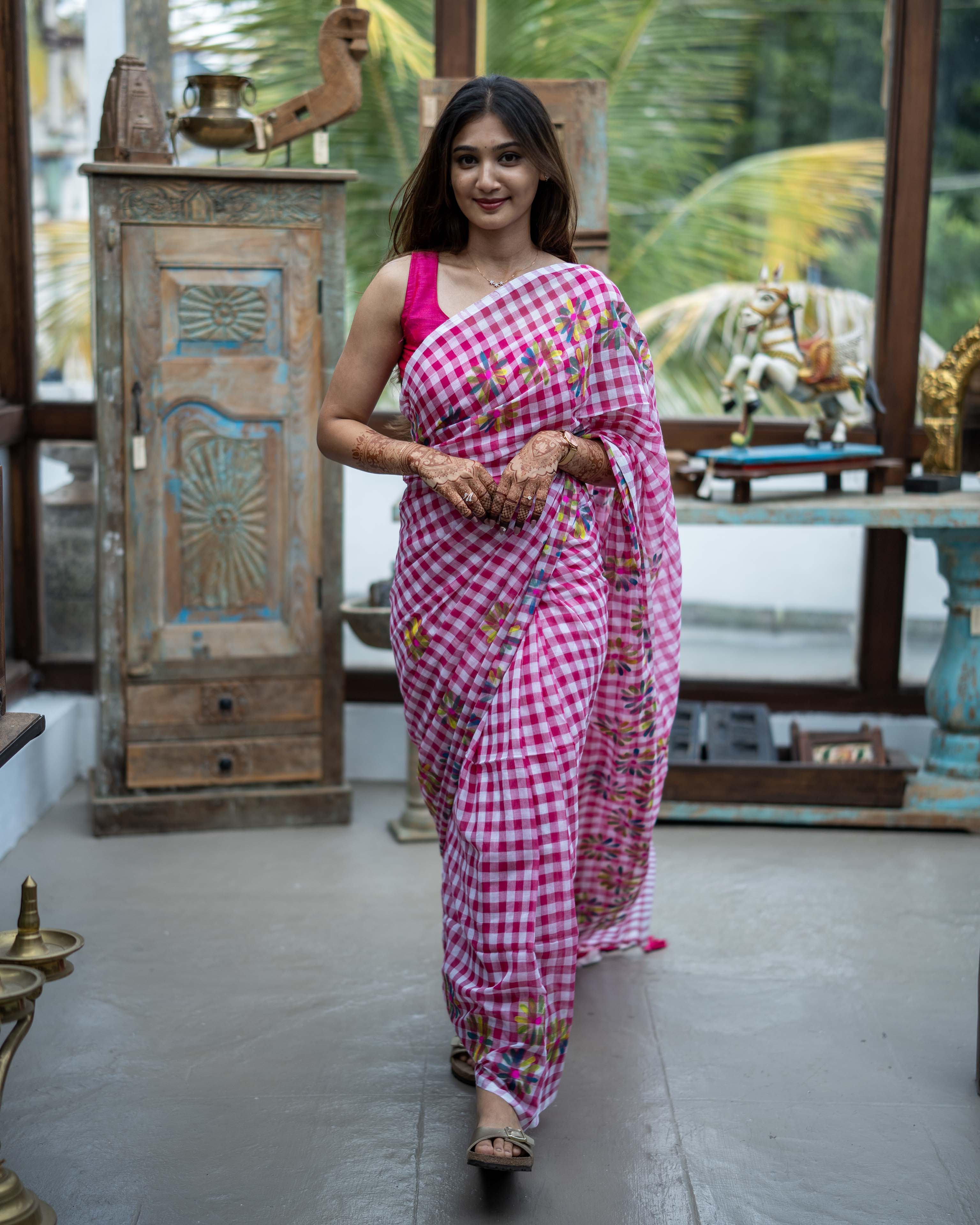 Pink Checked Mul Cotton Saree