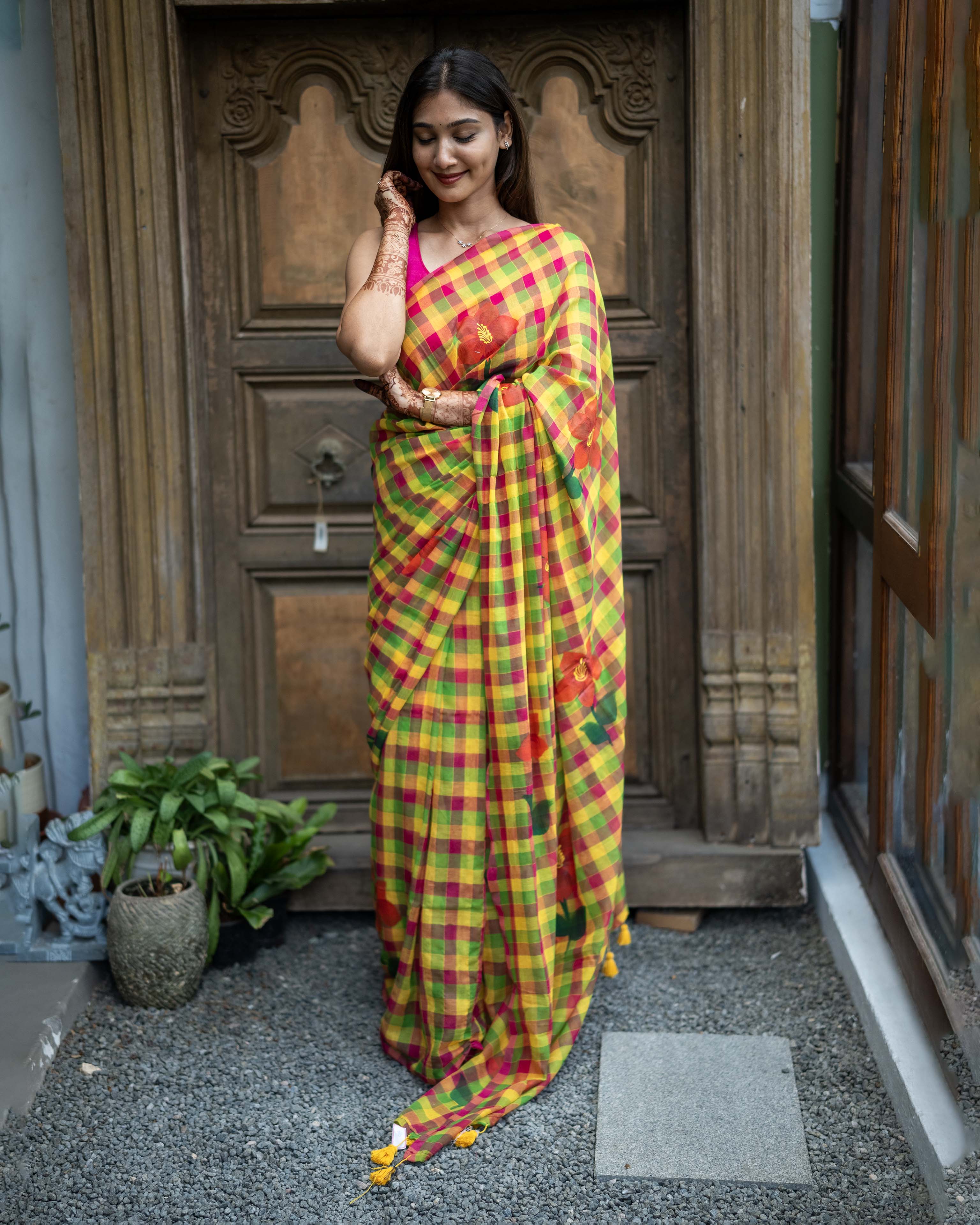 Pink Checked Mul Cotton Saree