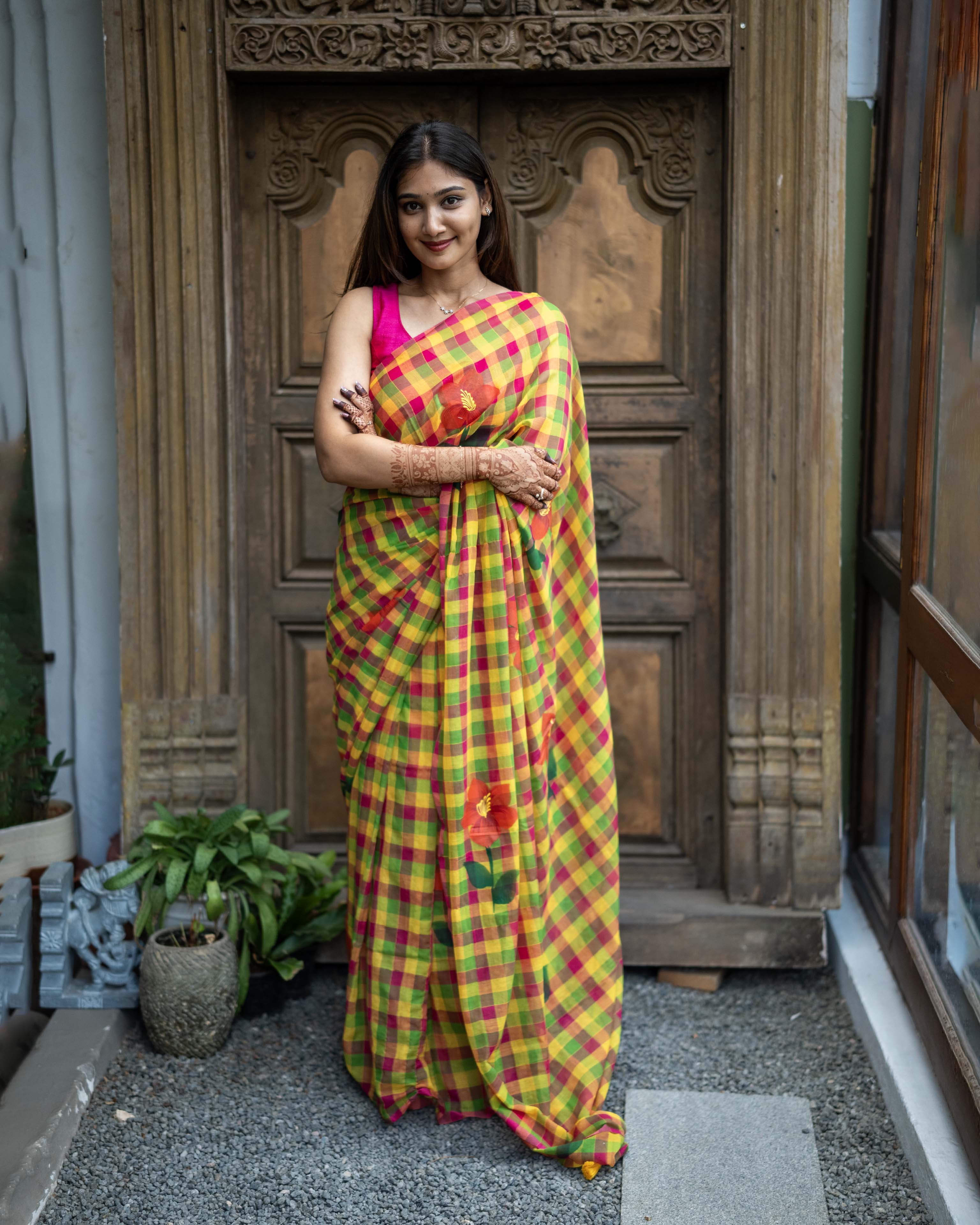 Pink Checked Mul Cotton Saree